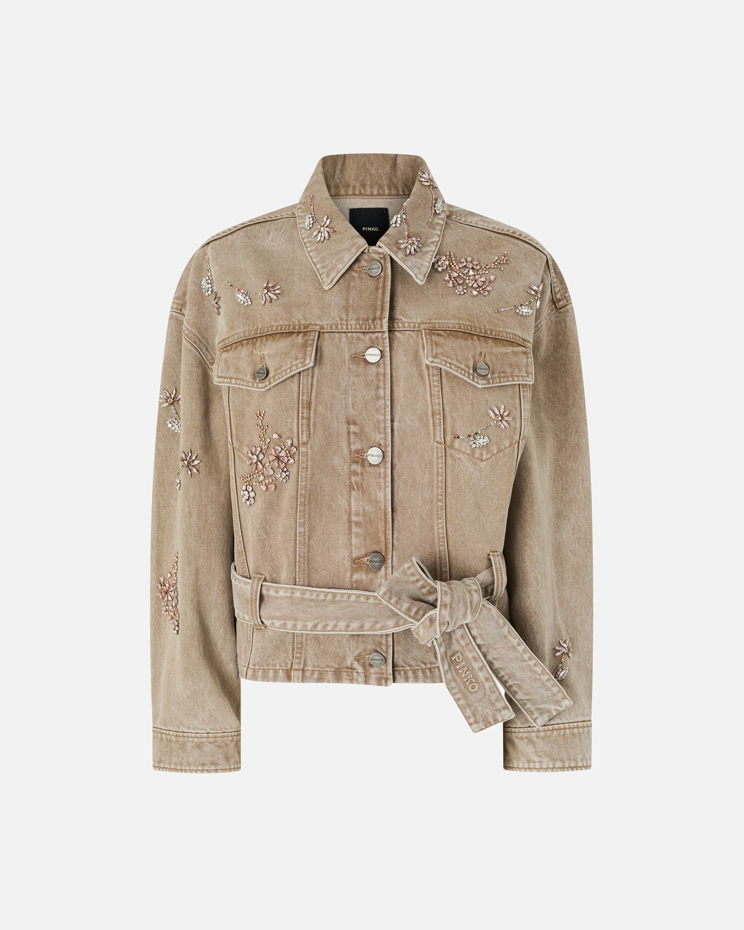 BROWN DENIM JACKET WITH JEWEL EMBROIDERY - 1
