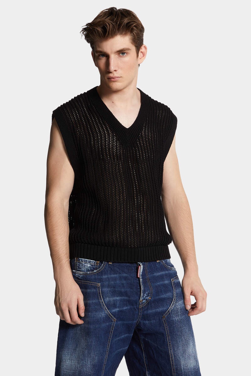 OPEN-KNIT V NECK VEST - 3