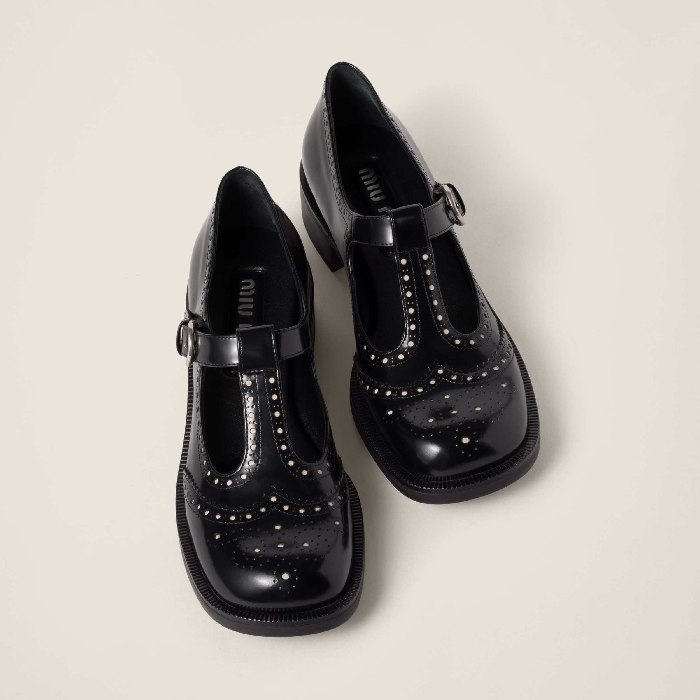 Brushed leather T-strap brogue shoes - 4