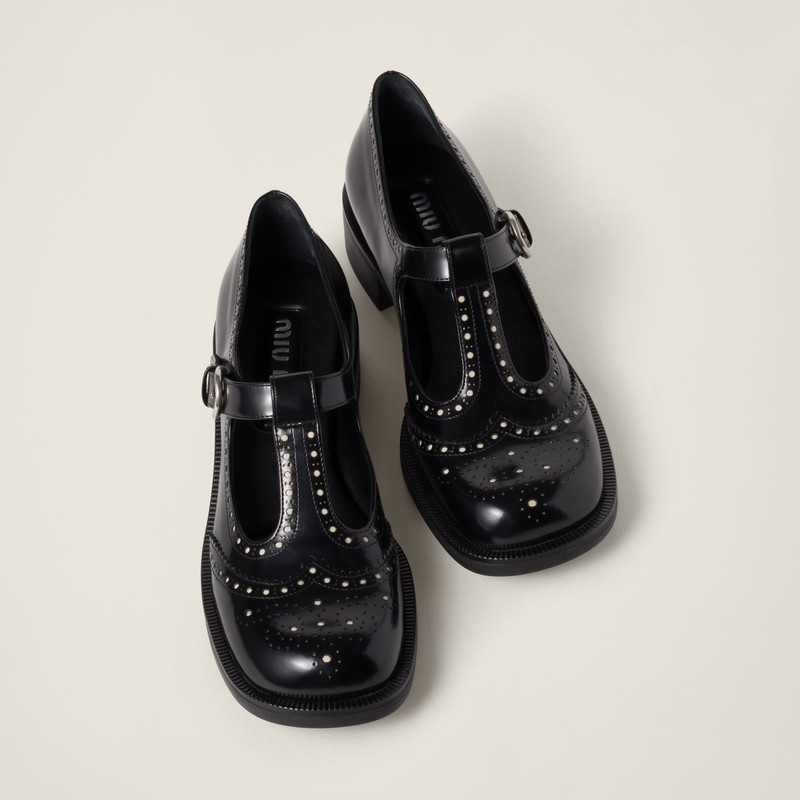 Brushed leather T-strap brogue shoes 4