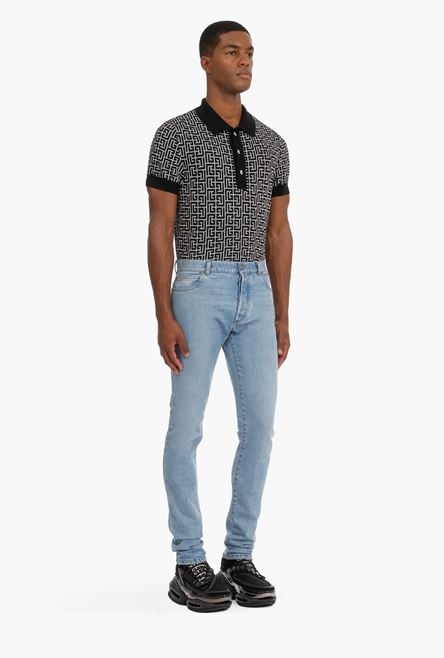 Slim light blue cotton jeans with Balmain monogram - 7