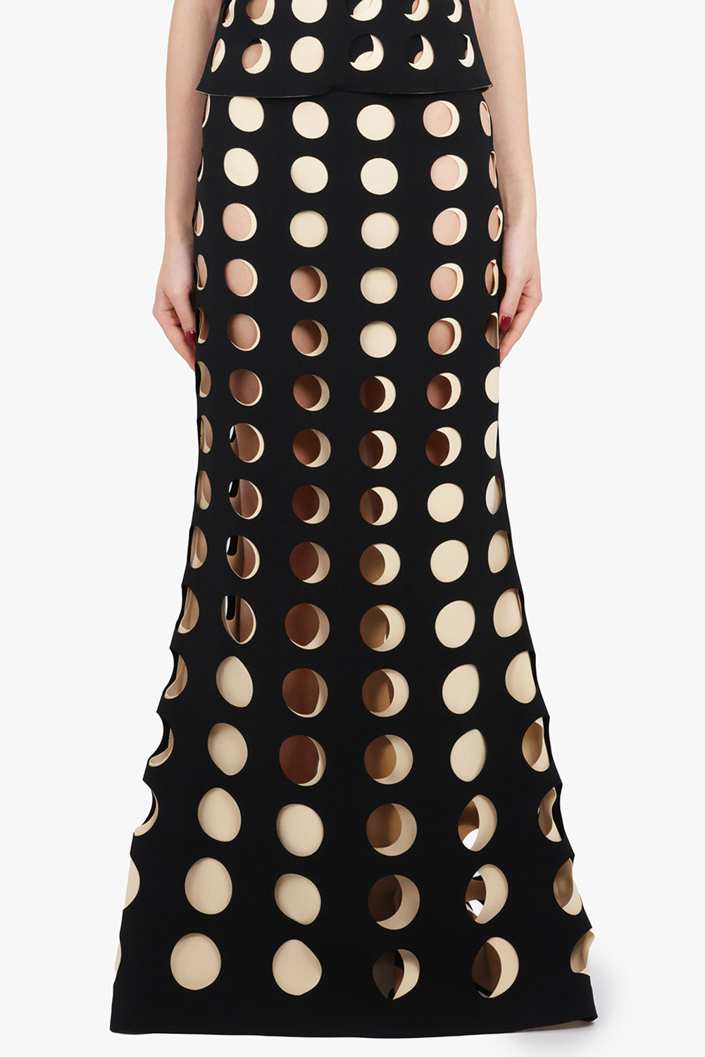 LAYERED HOLE DETAIL FLARED MAXI SKIRT | BLACK/NUDE - 4