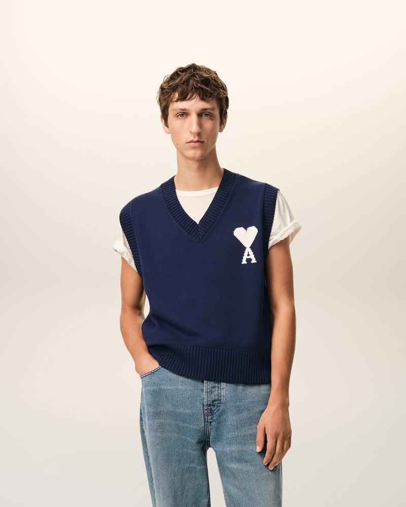 AMI Paris BLUE WOOL AND COTTON SLEEVELESS AMI DE COEUR SWEATER outlook
