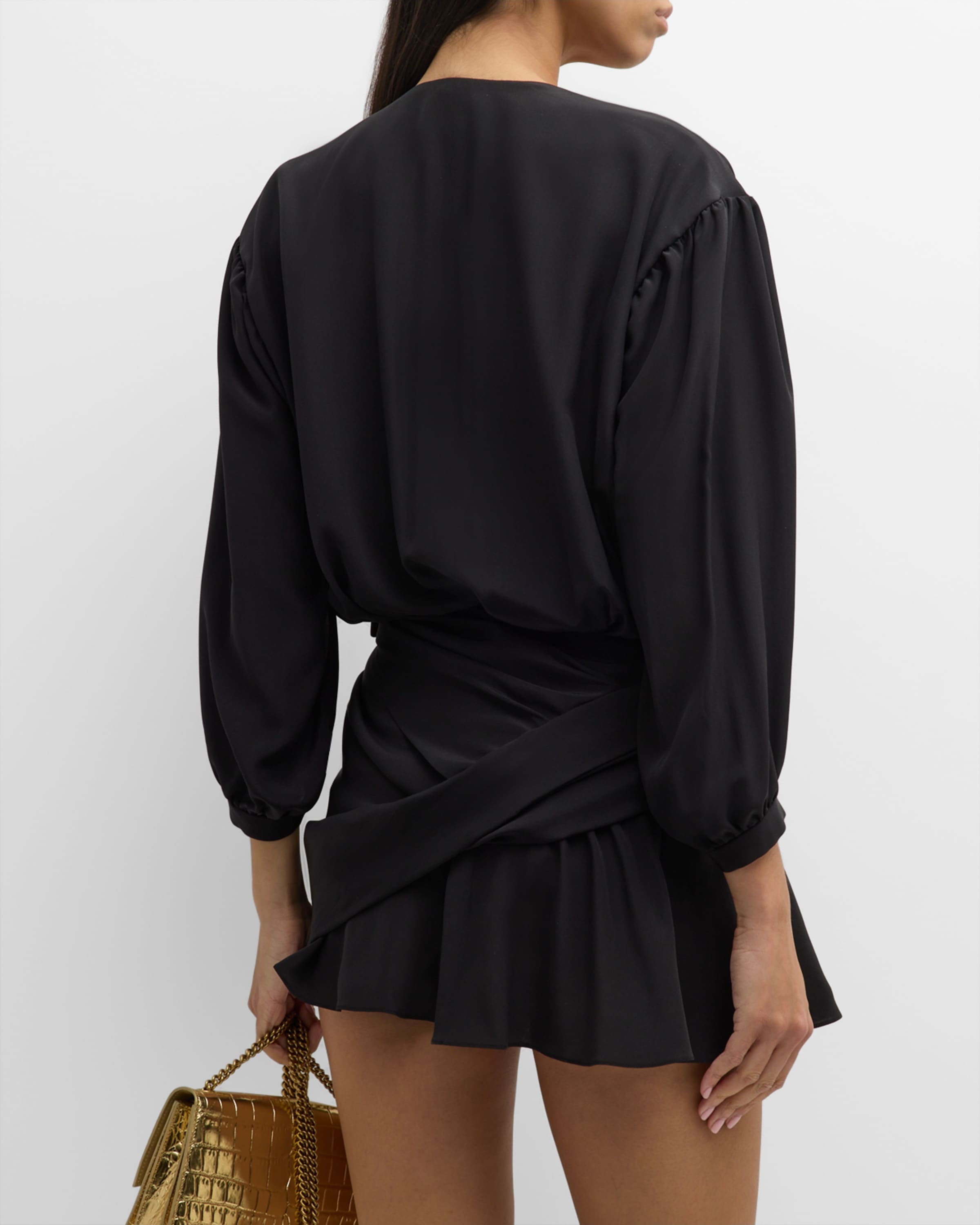 V-Neck Draped Belted Long-Sleeve Silk Crepe Mini Dress - 4