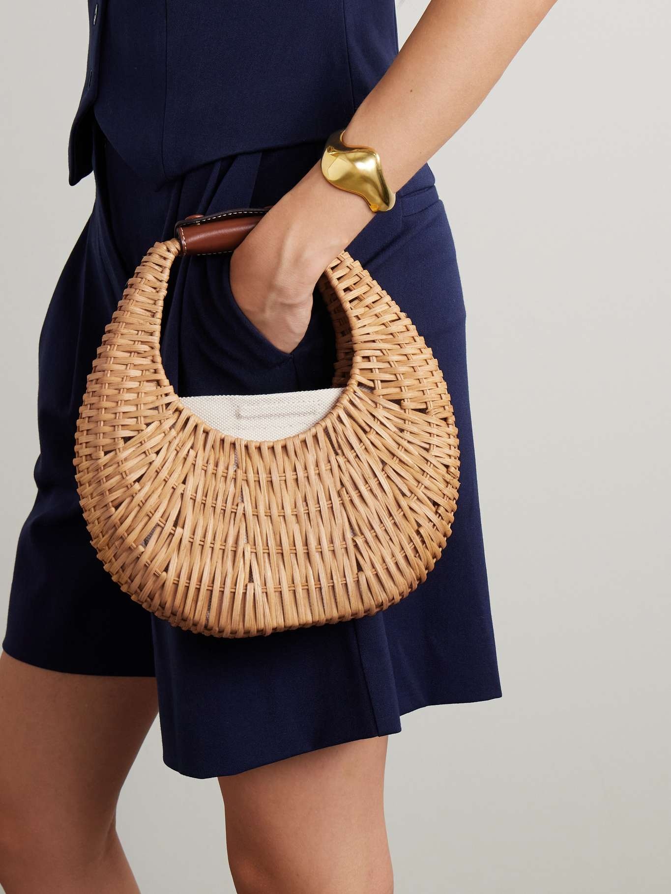 Mini Moon leather-embellished raffia shoulder bag - 2