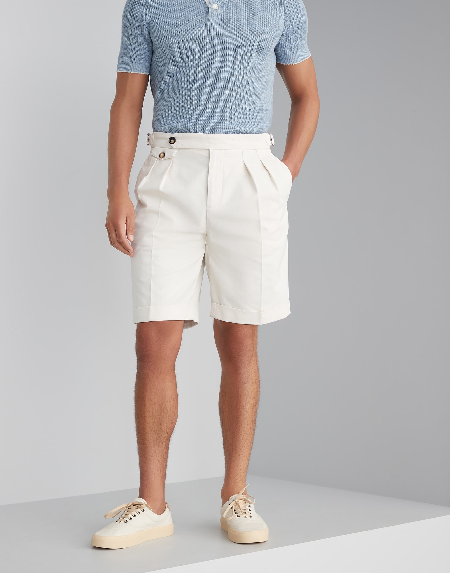Garment-dyed Bermuda shorts in twisted cotton gabardine with double pleats and waist tabs - 1