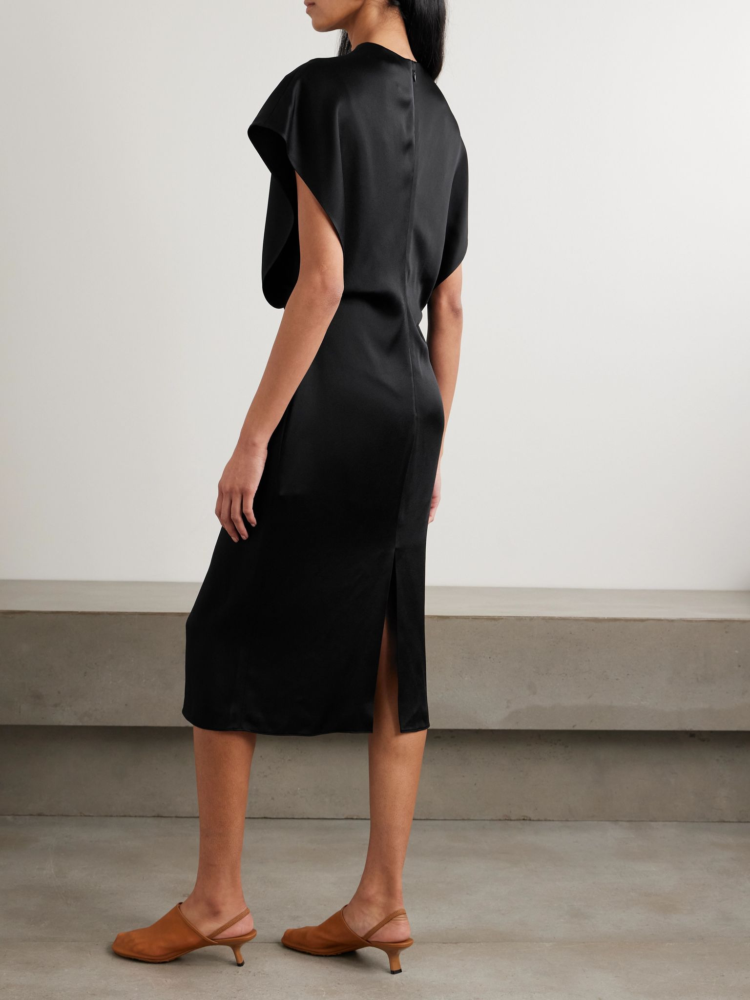 Draped satin midi dress Black - 3