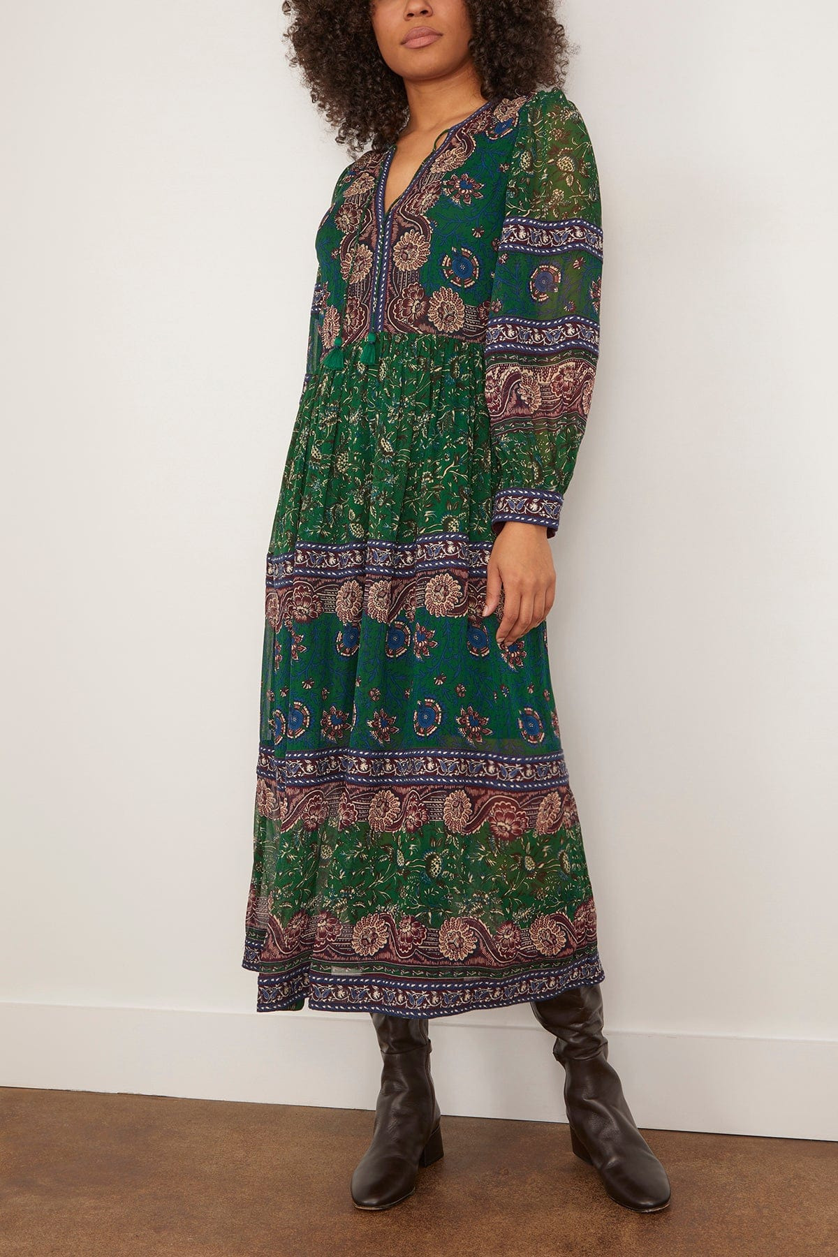 Melba Print Long Sleeve Midi Dress in Green - 3