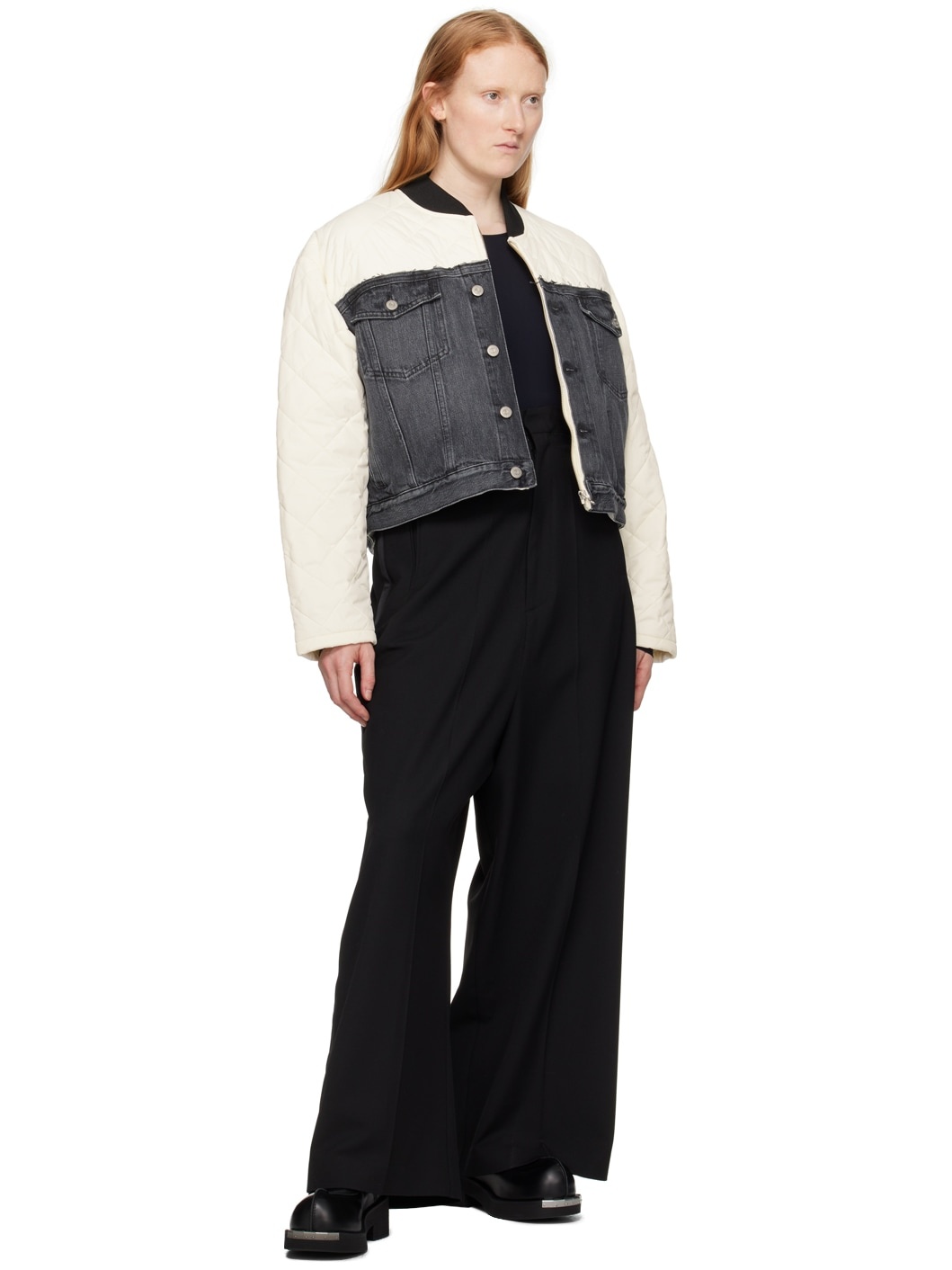 Off-White & Black Paneled Denim Bomber Jacket - 4