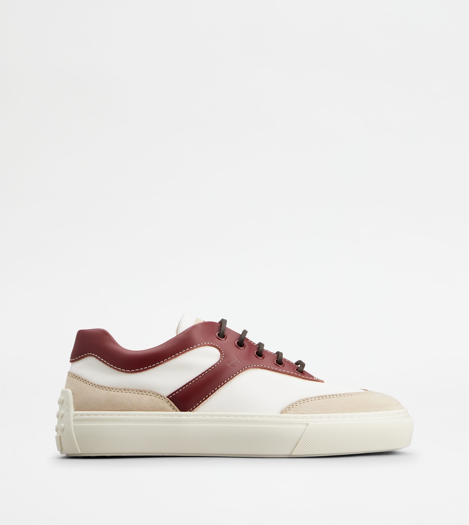 SNEAKERS IN LEATHER AND FABRIC - WHITE, BURGUNDY, BEIGE - 1