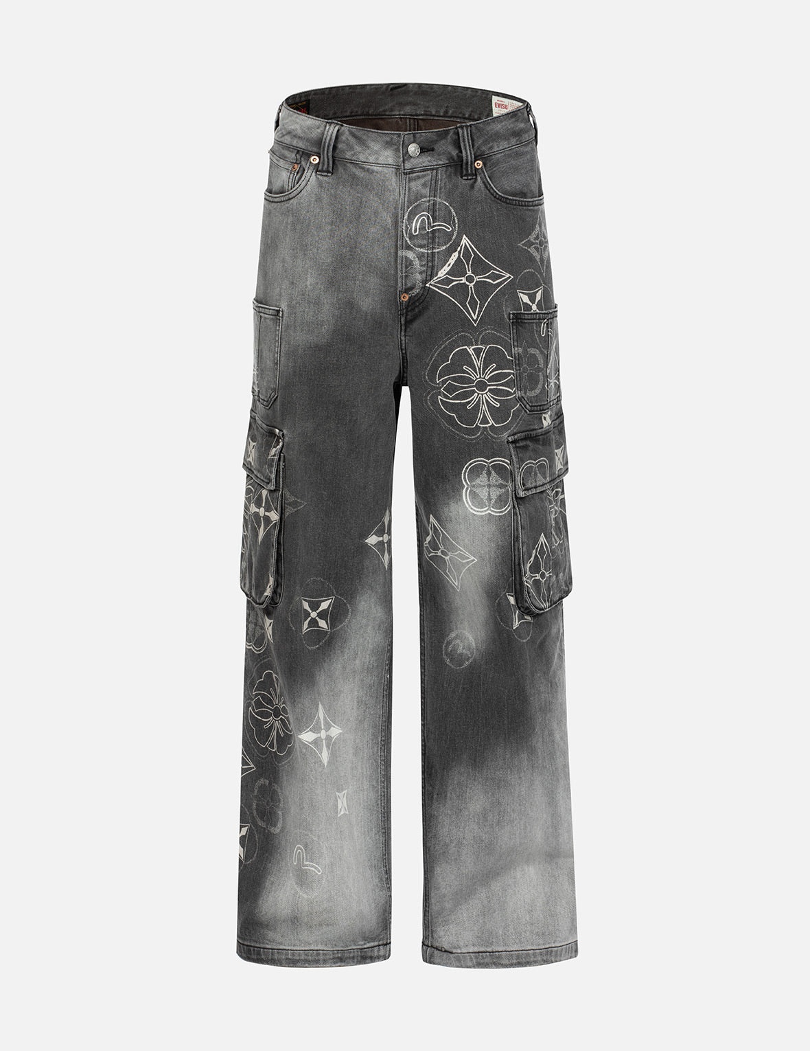 Tie-Dye Kamon and Seagull Print Fashion Fit Cargo Jeans - 1
