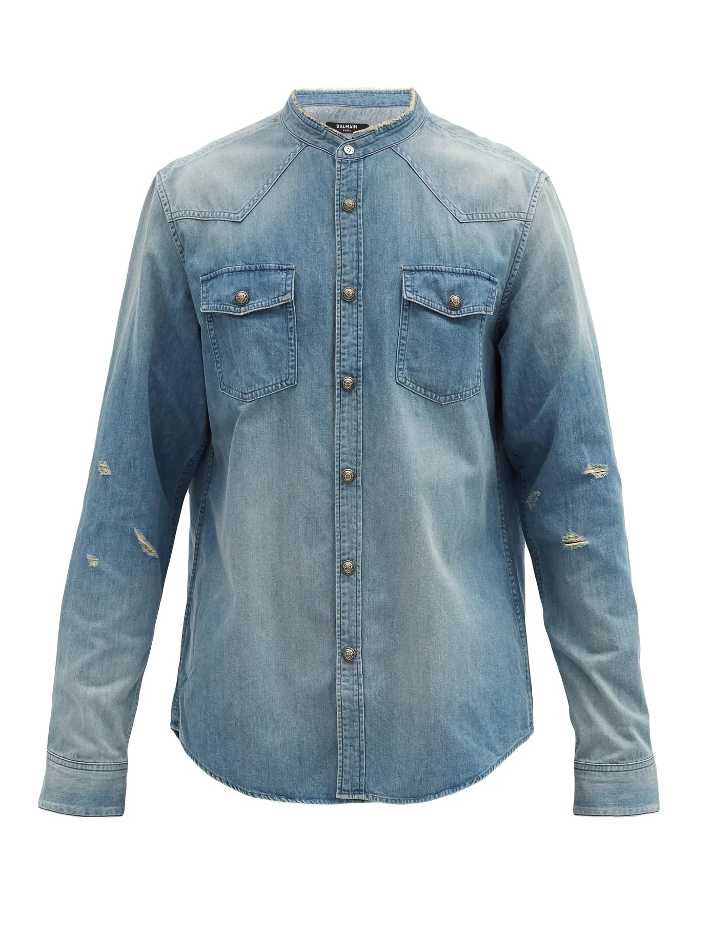 Logo-print distressed denim shirt - 1