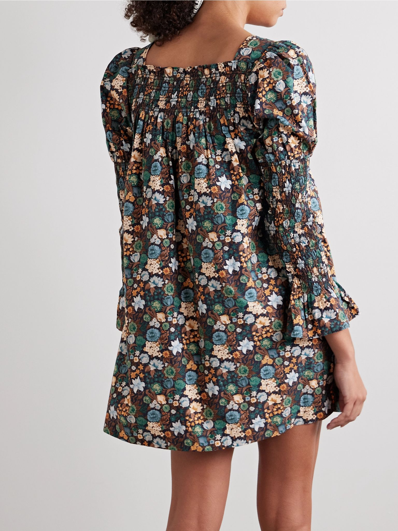Sabia shirred floral-print organic cotton-poplin mini dress Blue - 3