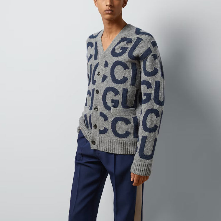 Gucci Wool Cardigan With Gucci Intarsia 'Grey Bue' 771707-XKDLV-1140 - 4