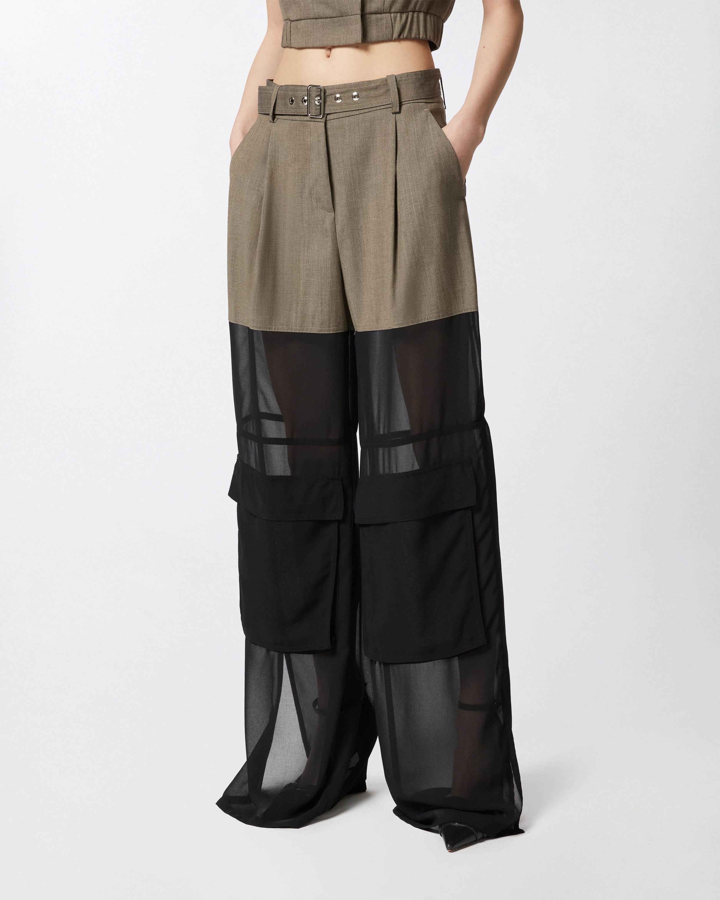 WIDE-LEG CARGO TROUSERS WITH SEMI-SHEER GEORGETTE - 3