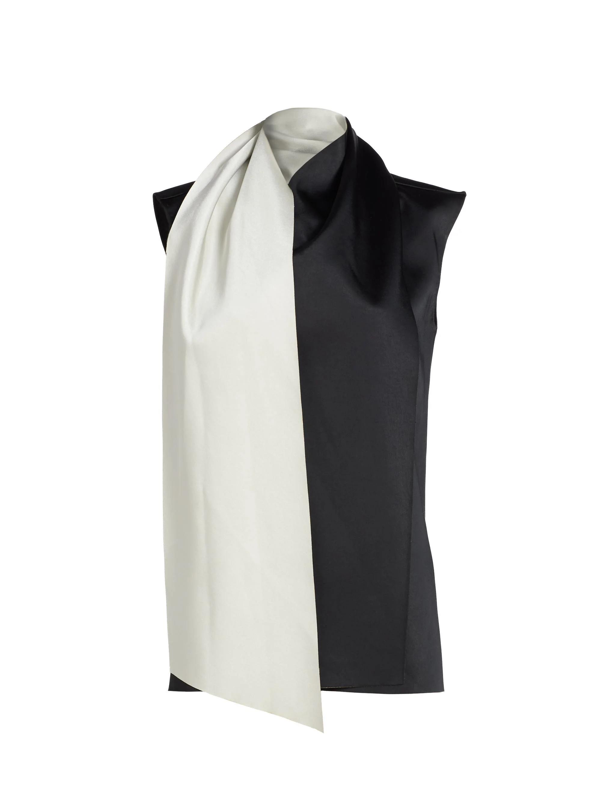 Women's Bi-Color Satin Scarfneck Blouse - Black Ivory - 1