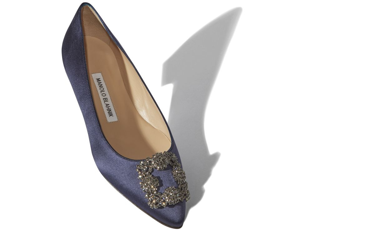 Navy Satin Jewel Buckle Flat Shoes - 2