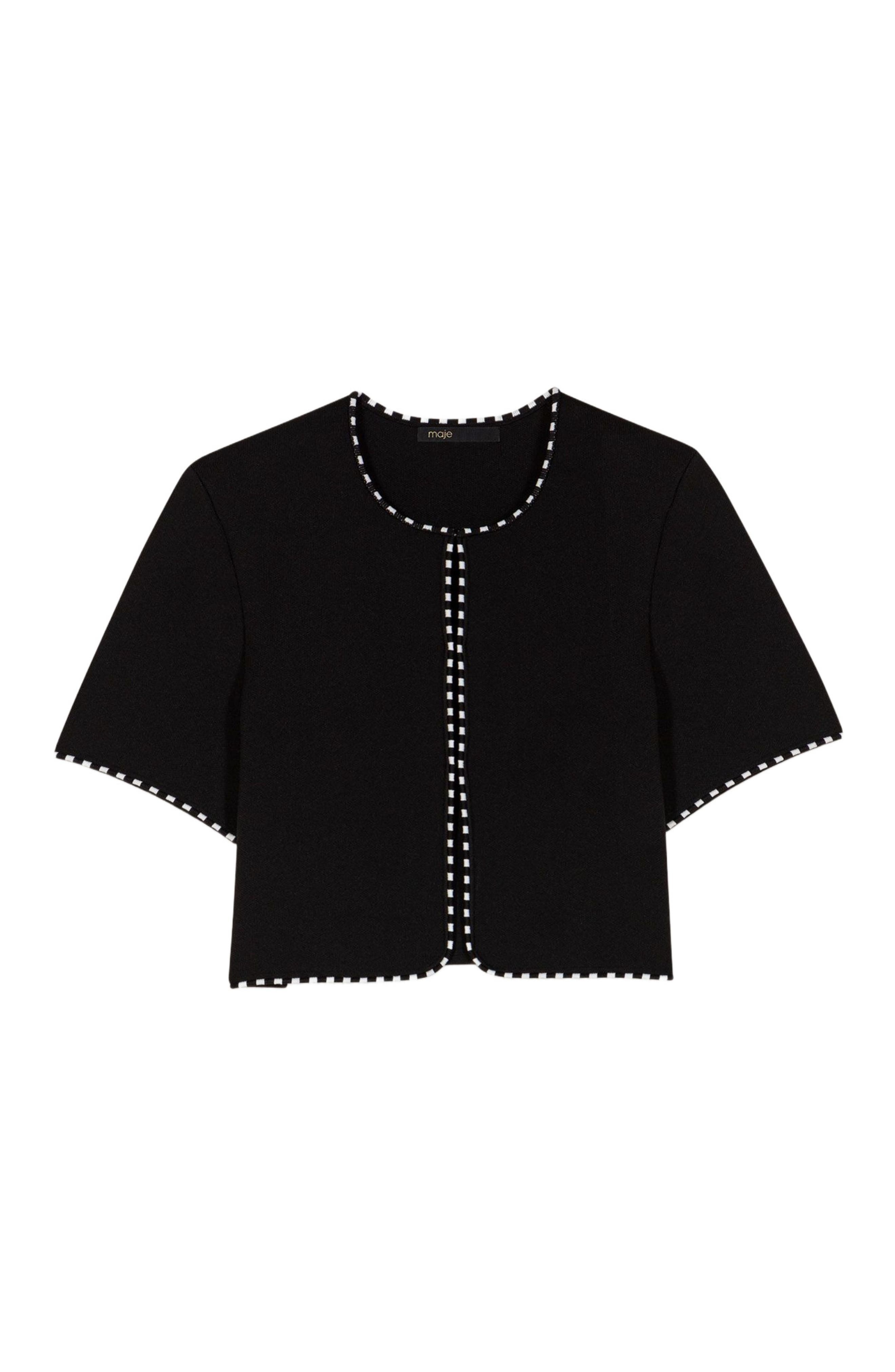 maje Cropped short sleeve cardigan in Black/ecru at Nordstrom - 7