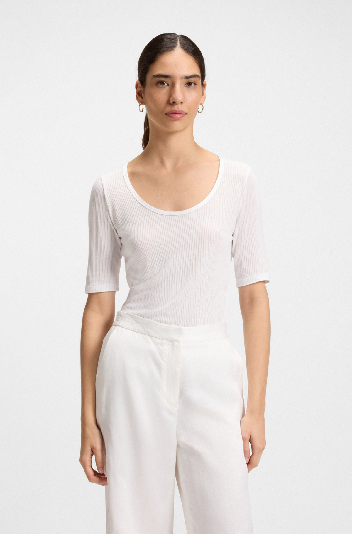 SCOOP-NECK T-SHIRT IN RIBBED STRETCH FABRIC - 2