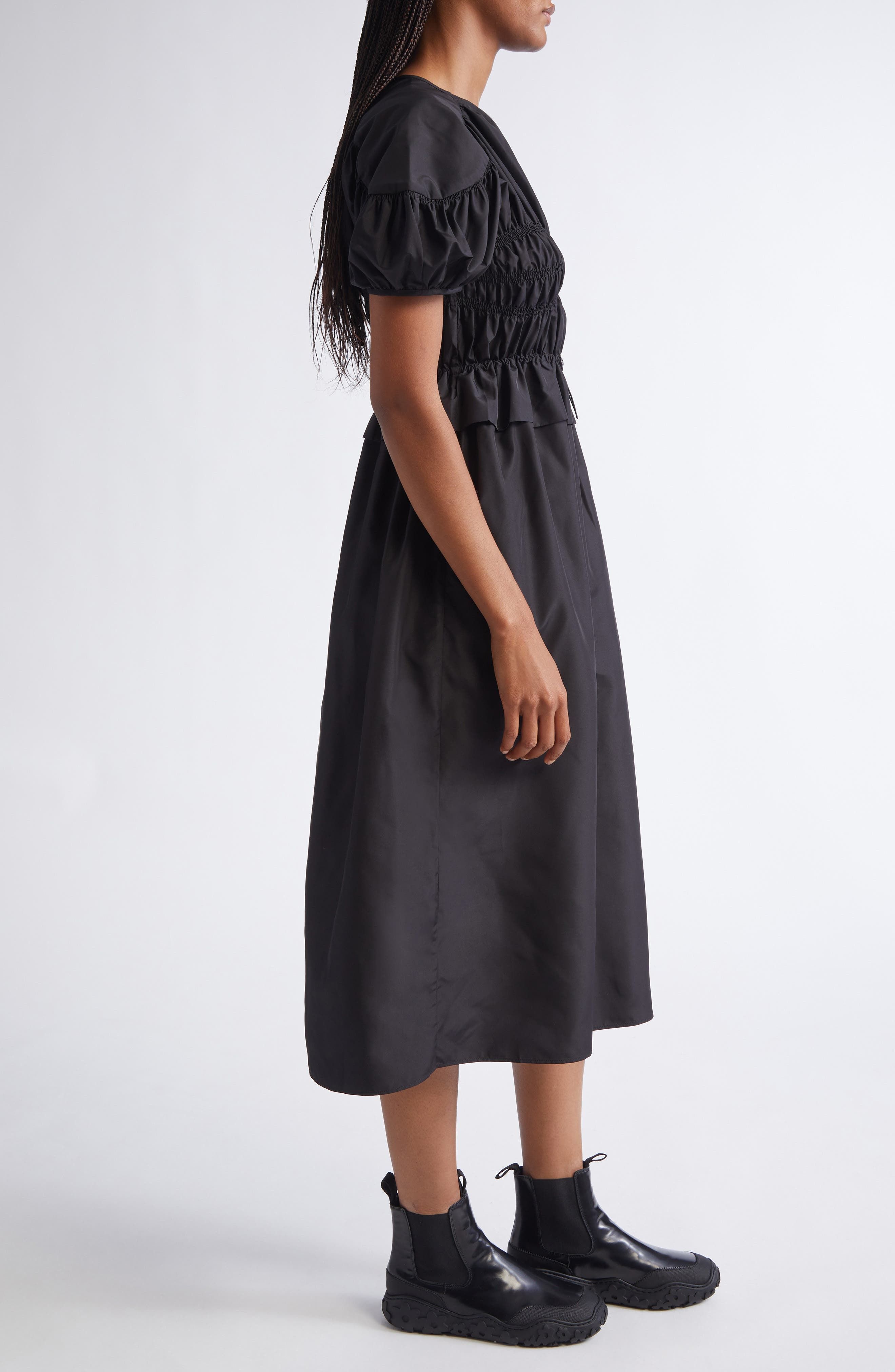 Cecilie Bahnsen Betsy Ruched Puff Sleeve Drawcord Waist Recycled Faille Dress in Black at Nordstrom - 3