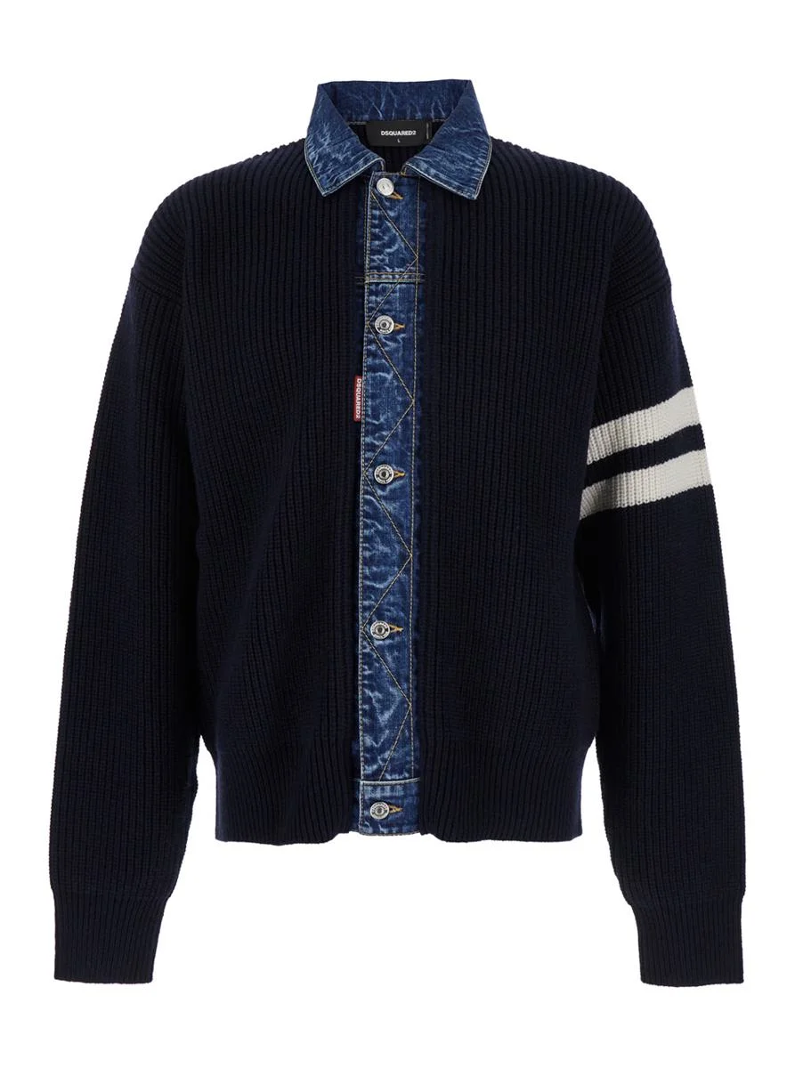 DSQUARED2 Blue Cardigan With Denim Panels And Striped Details On The Sleeve In Wool And Cashmere Man - 1