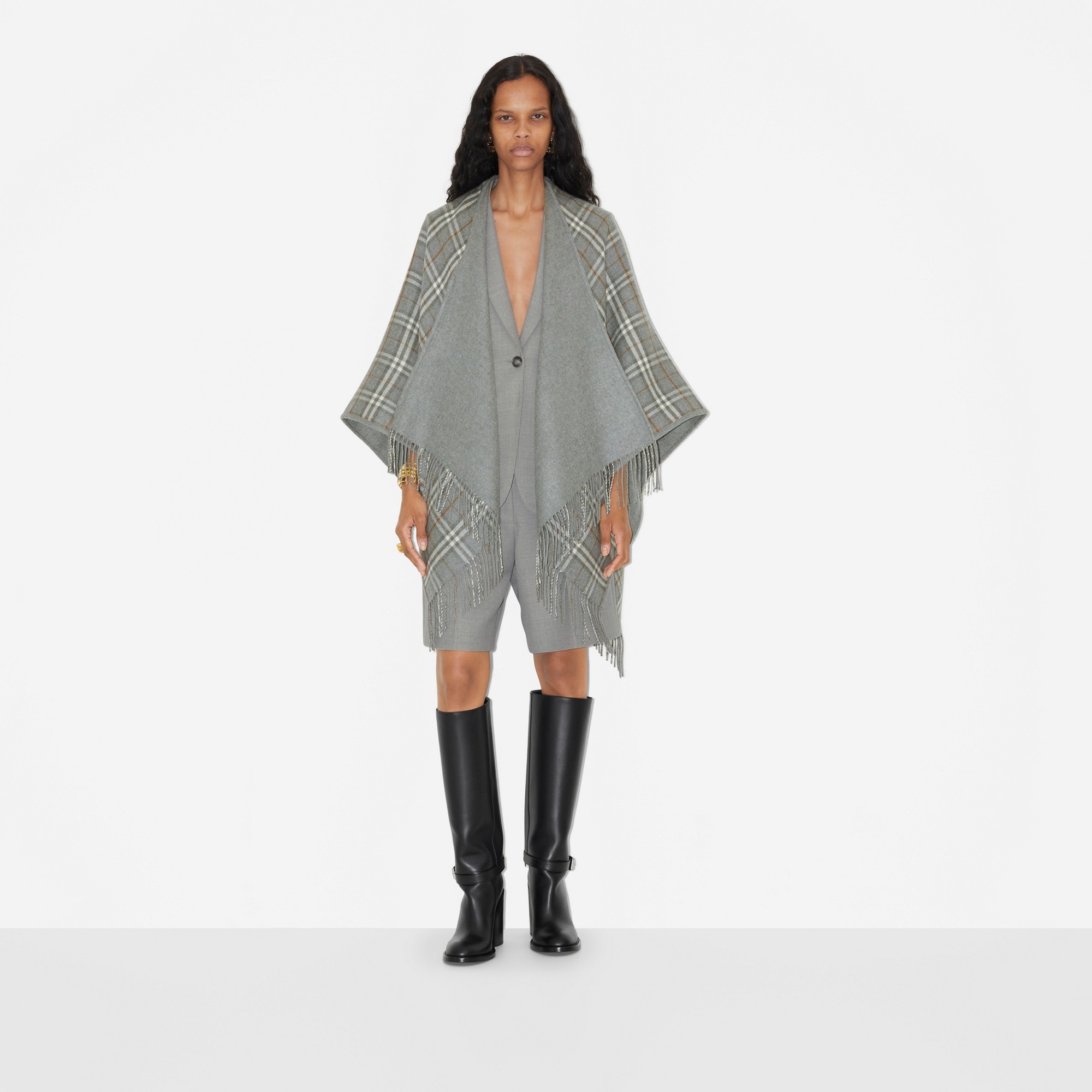 Check Wool Reversible Cape - 5