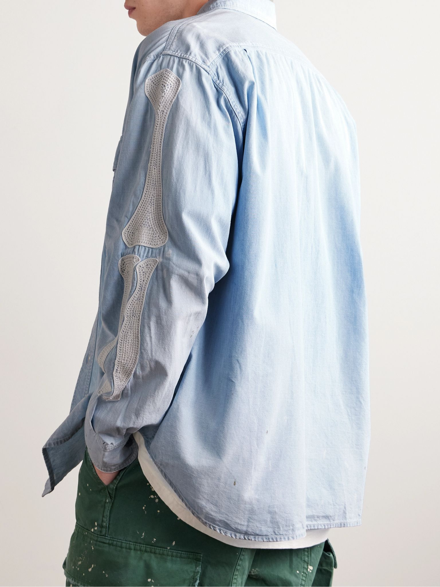 Embroidered Cotton-Chambray Shirt Blue - 3