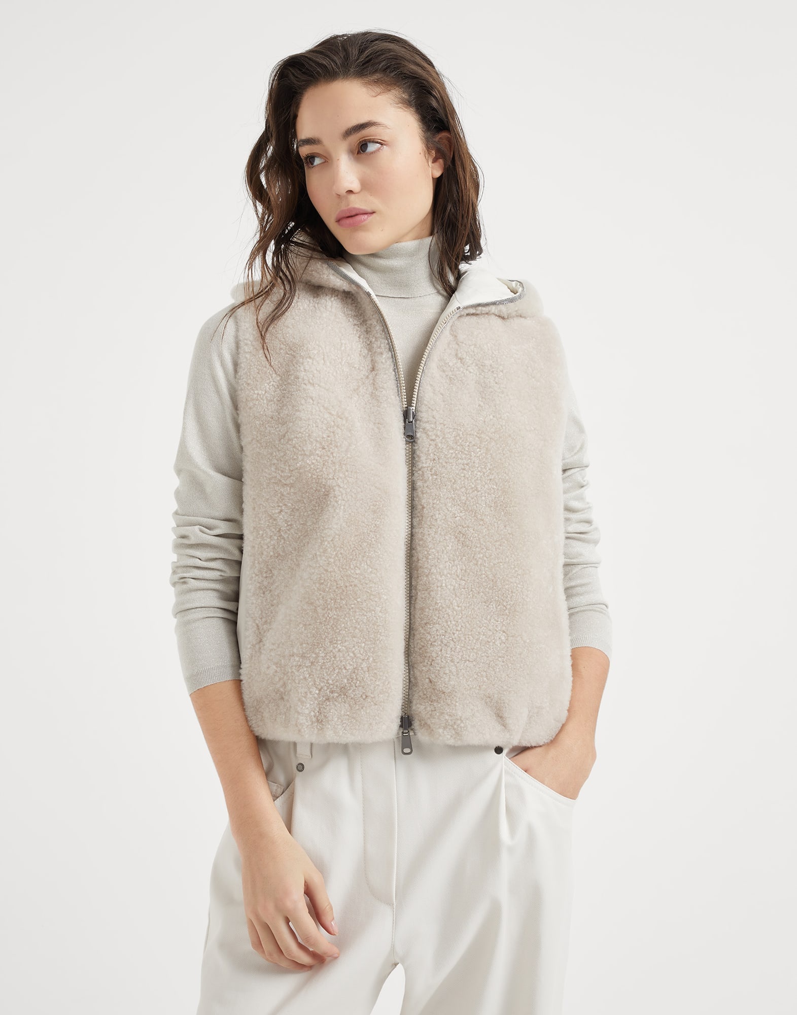 Cashmere shearling reversible hooded vest with precious trim - 1