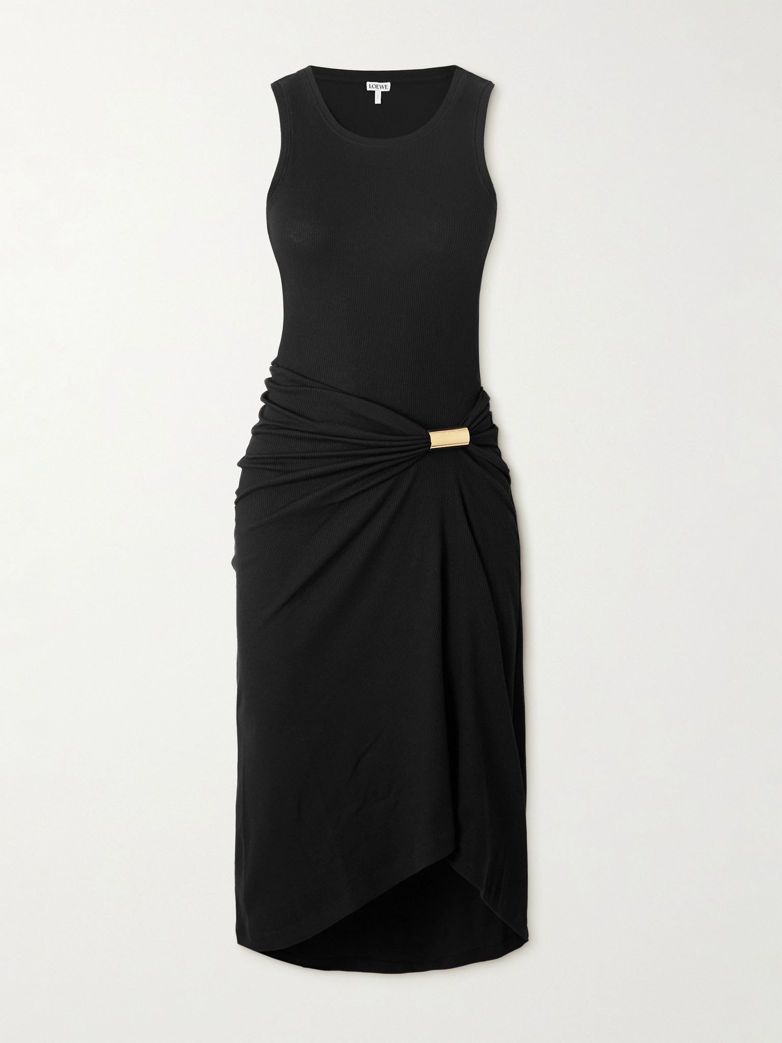 Asymmetric ruched ribbed stretch-cotton jersey dress Black - 1