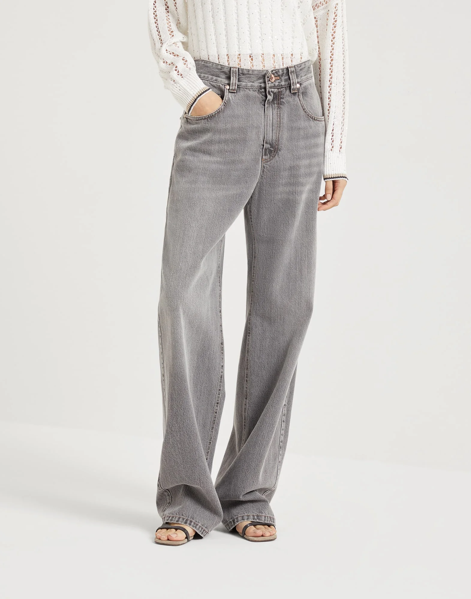 Authentic denim contemporary loose trousers with monili - 1