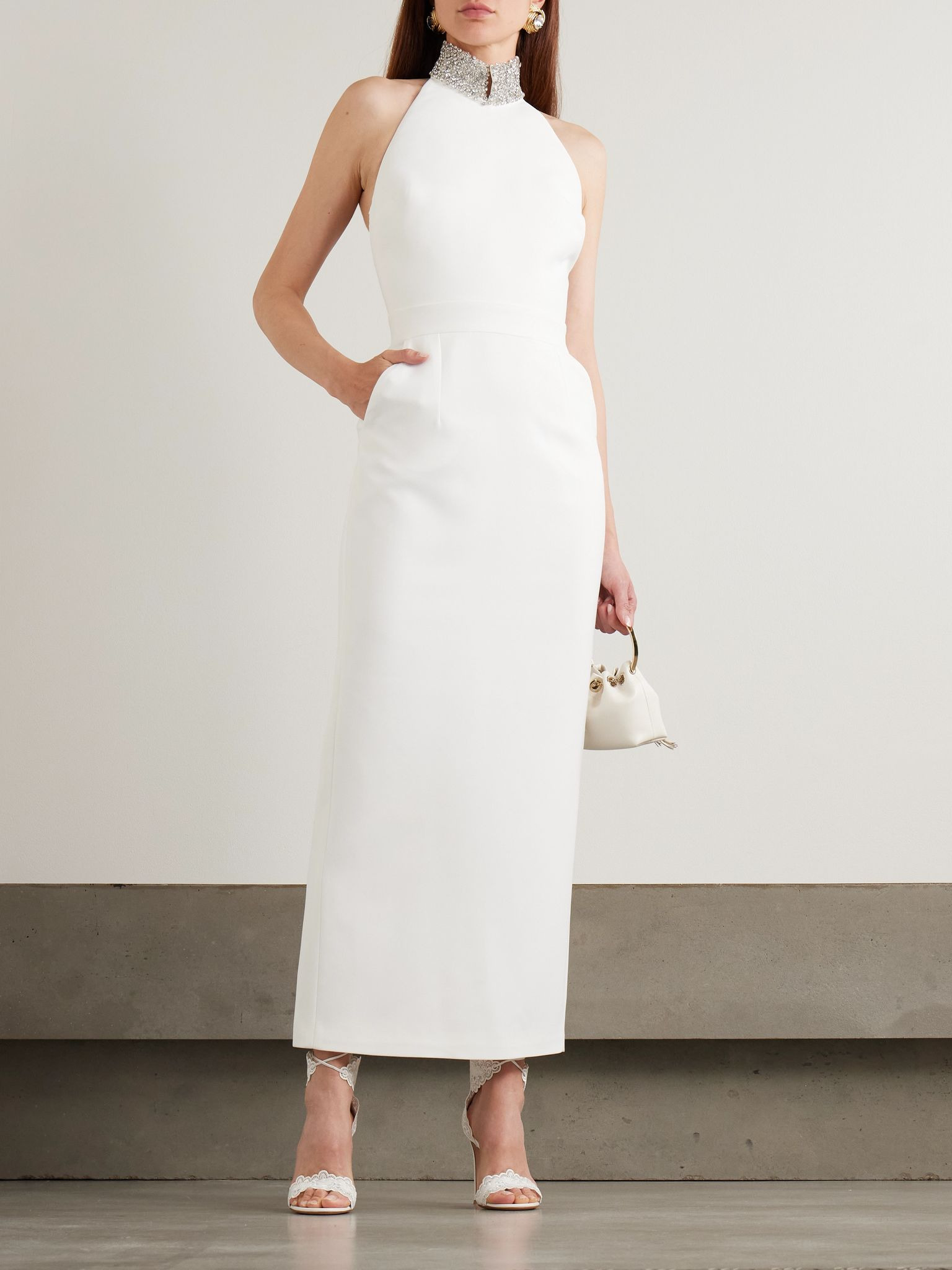 Hemingway crystal-embellished cady halterneck gown White - 2