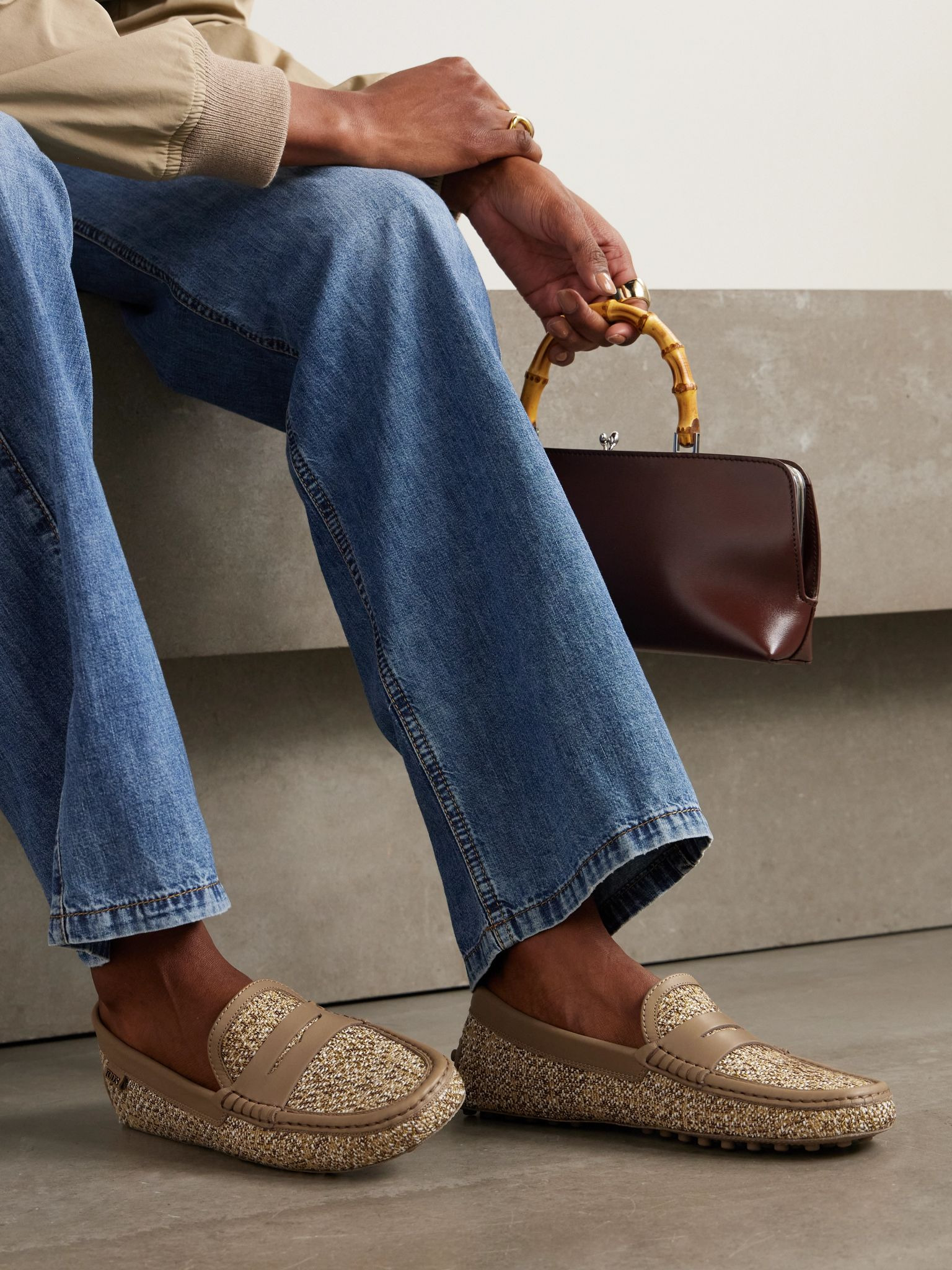 Leather-trimmed raffia mocassins Beige - 2