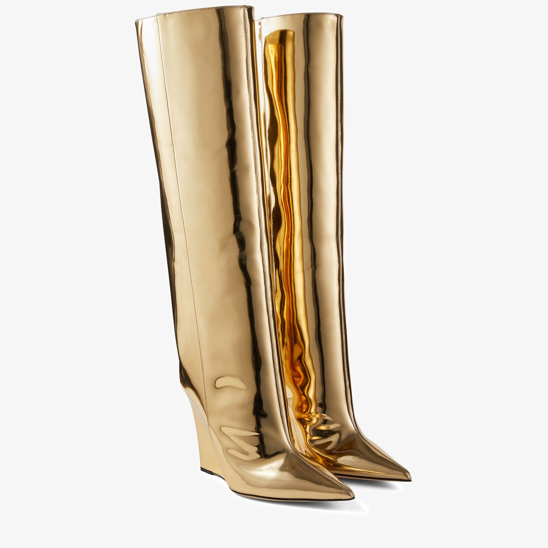 JIMMY CHOO Blake KB 110 Gold Liquid Metal Leather Wedge Knee-high