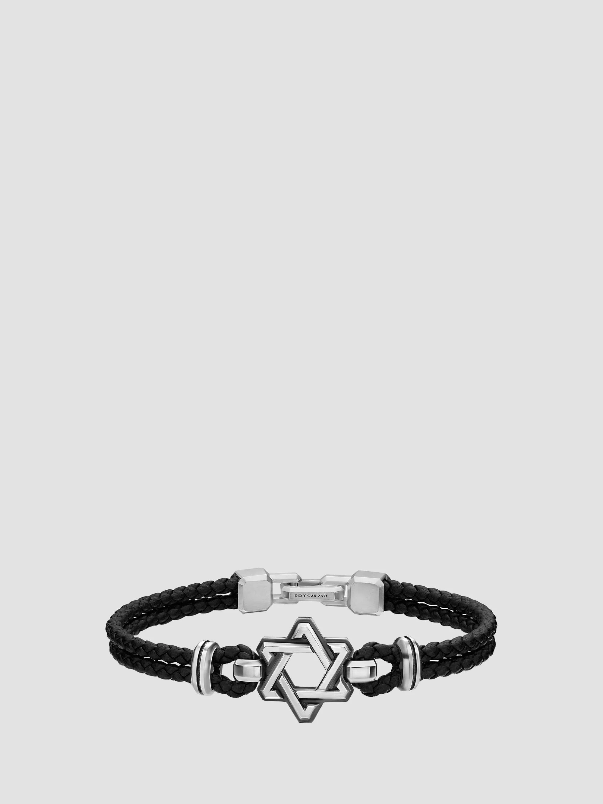 Men's Streamline Star of David Bracelet in Black Leather - Silver - 1