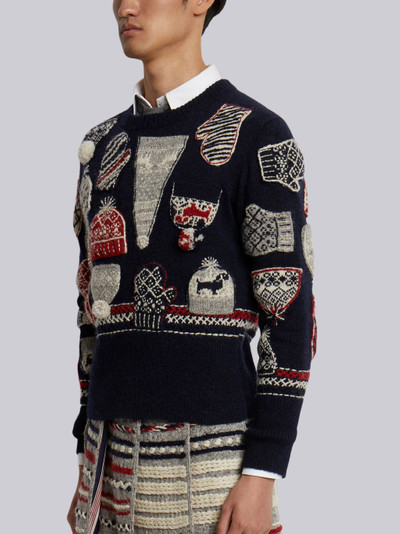 Thom Browne Navy Mohair Tweed Hand Embroidered Hat And Mitten Patchwork Crew Neck Pullover outlook