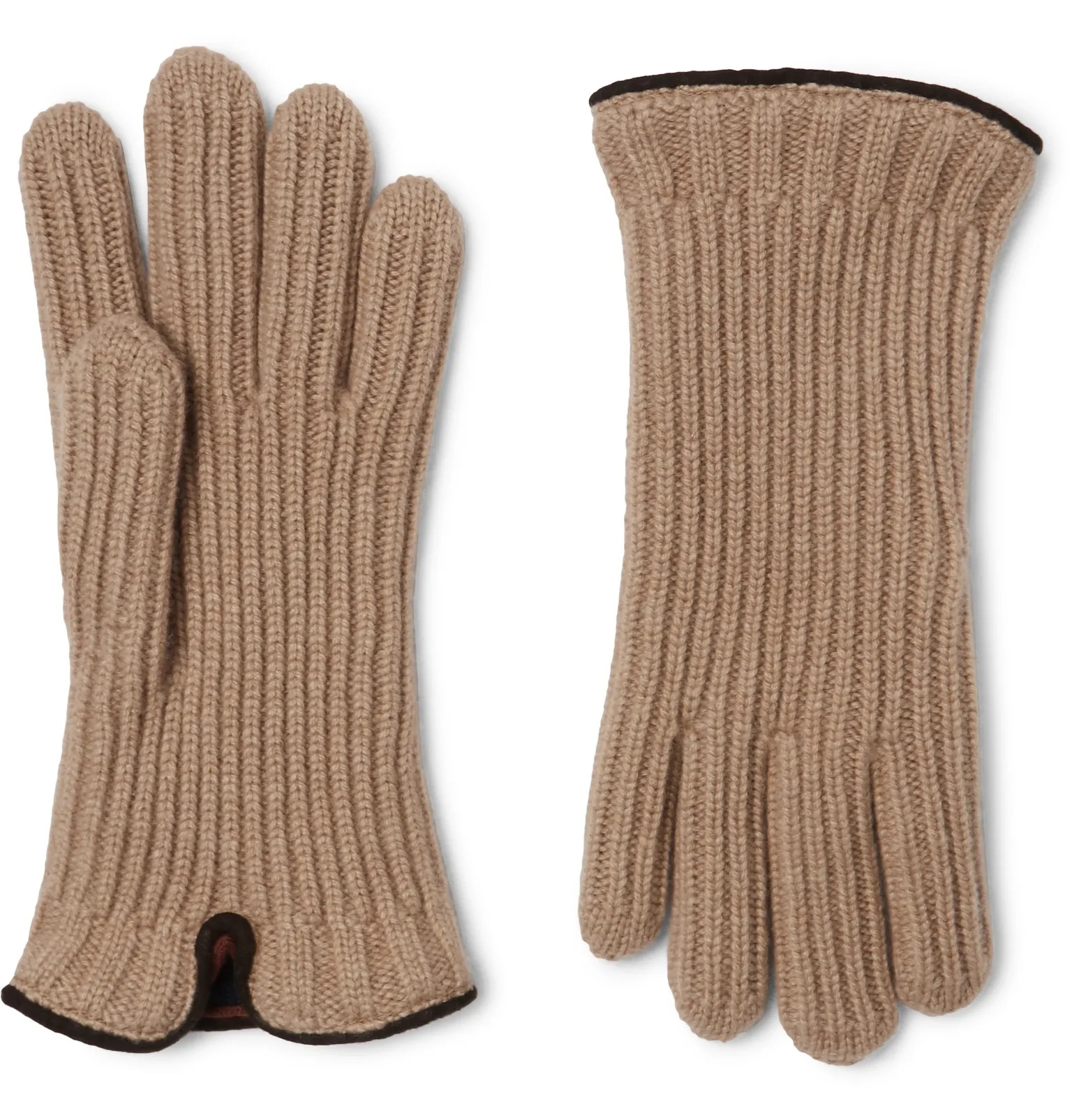 Leather-Trimmed Ribbed Cashmere Gloves - 1