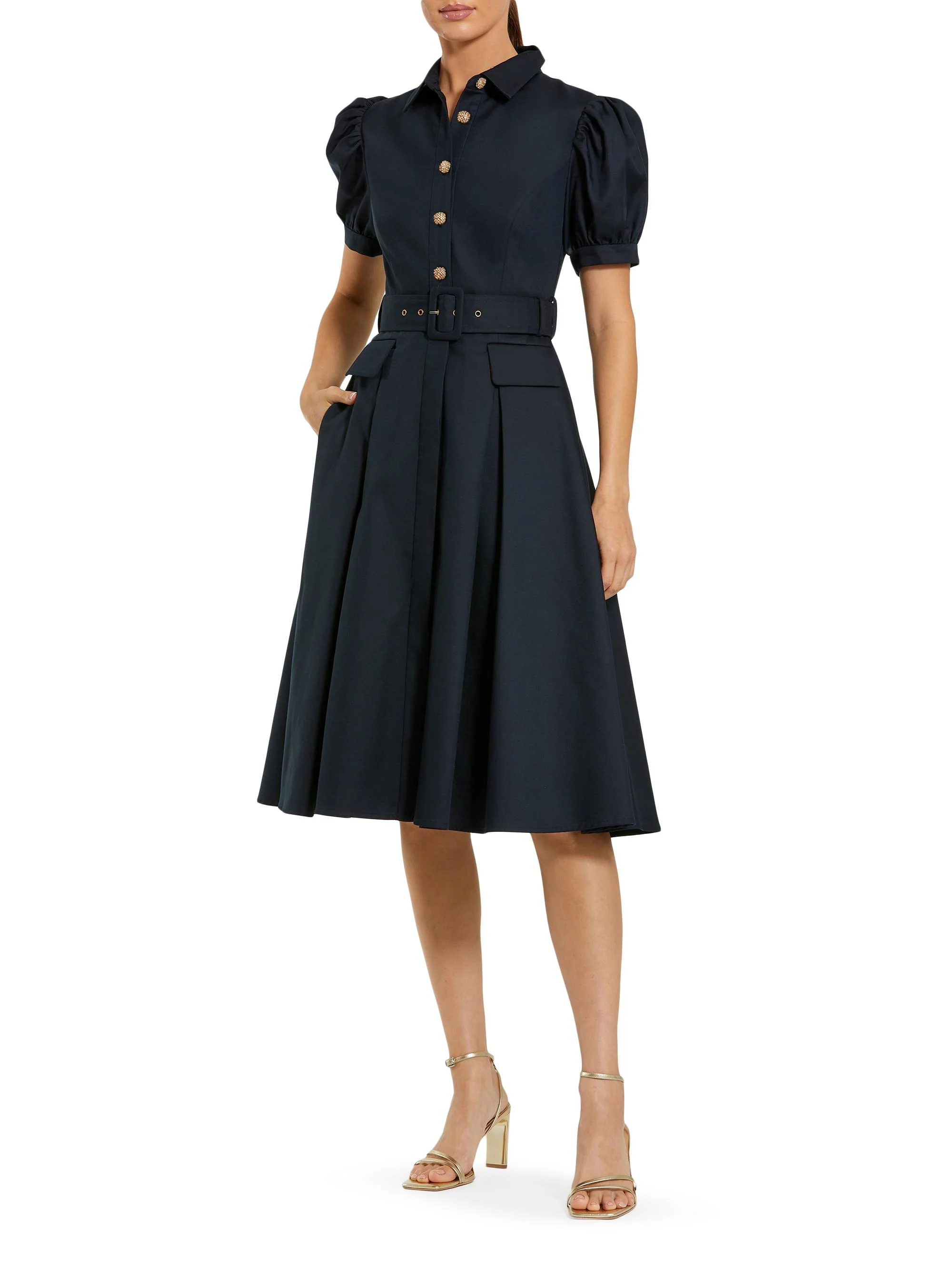 Women's Cocktail Twill Belted Midi-Dress - Midnight - 1