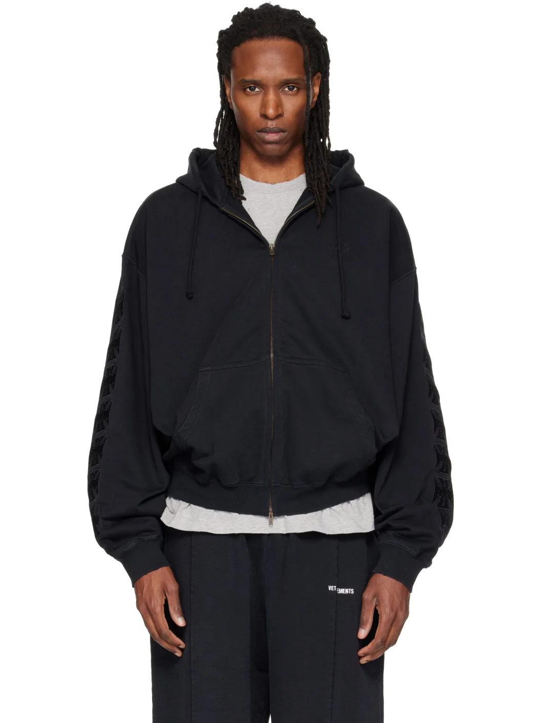 Black Embroidered Biker Cross Logo Zip Up Hoodie - 1