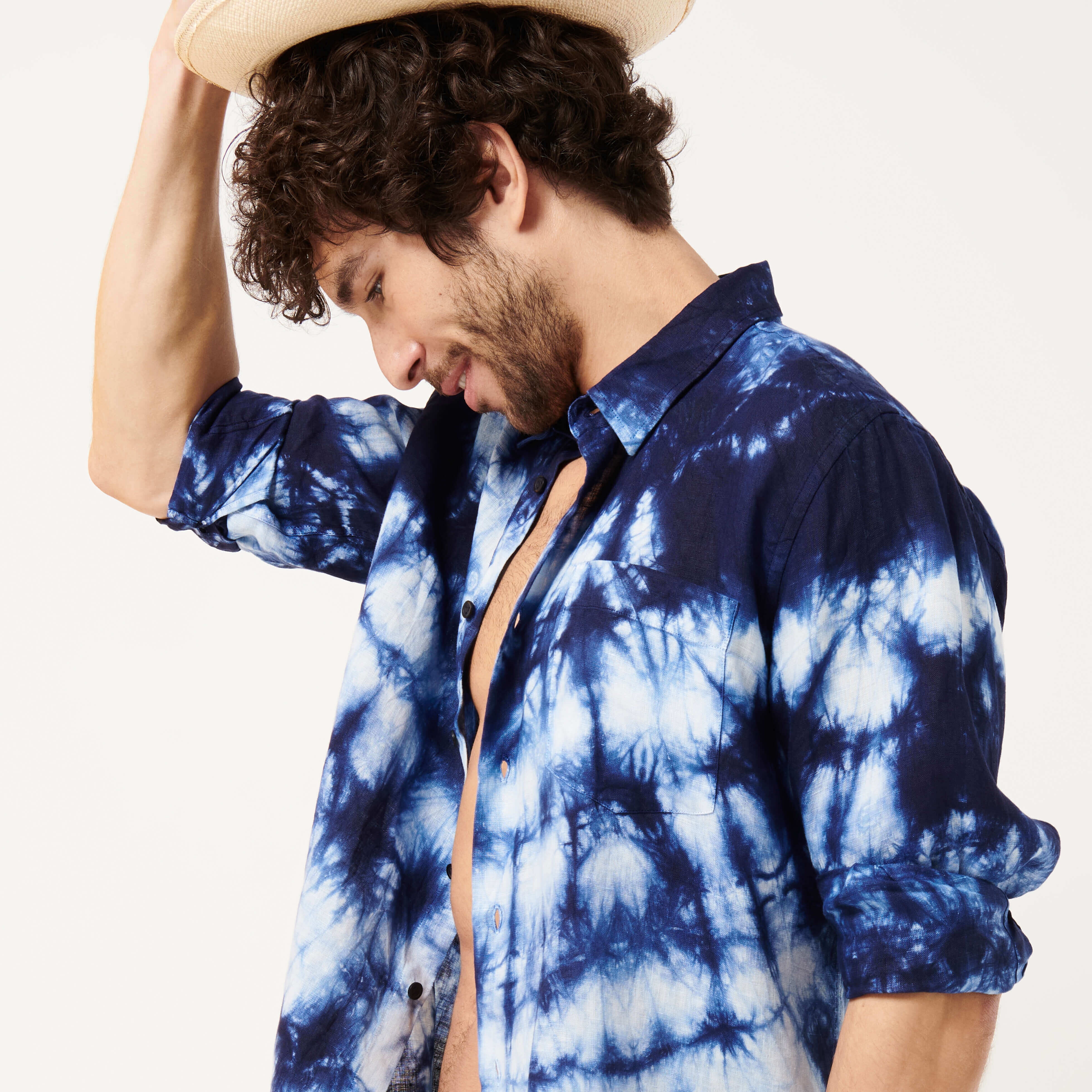 Men Bowling Shirt Linen and Cotton Fonds Marins Tie & Dye - 11