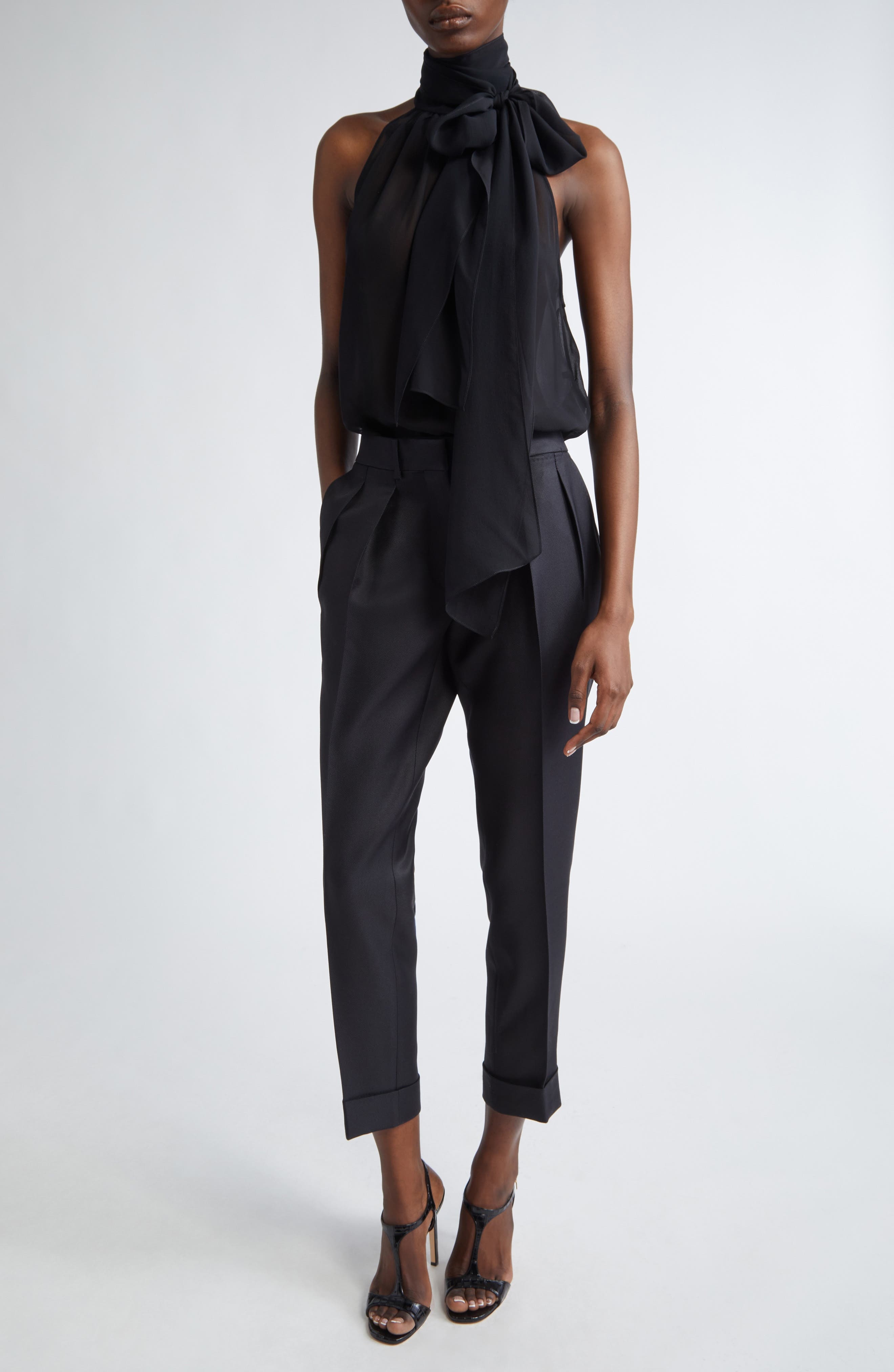 TOM FORD Silk Georgette Tie Neck Top in Black at Nordstrom - 2