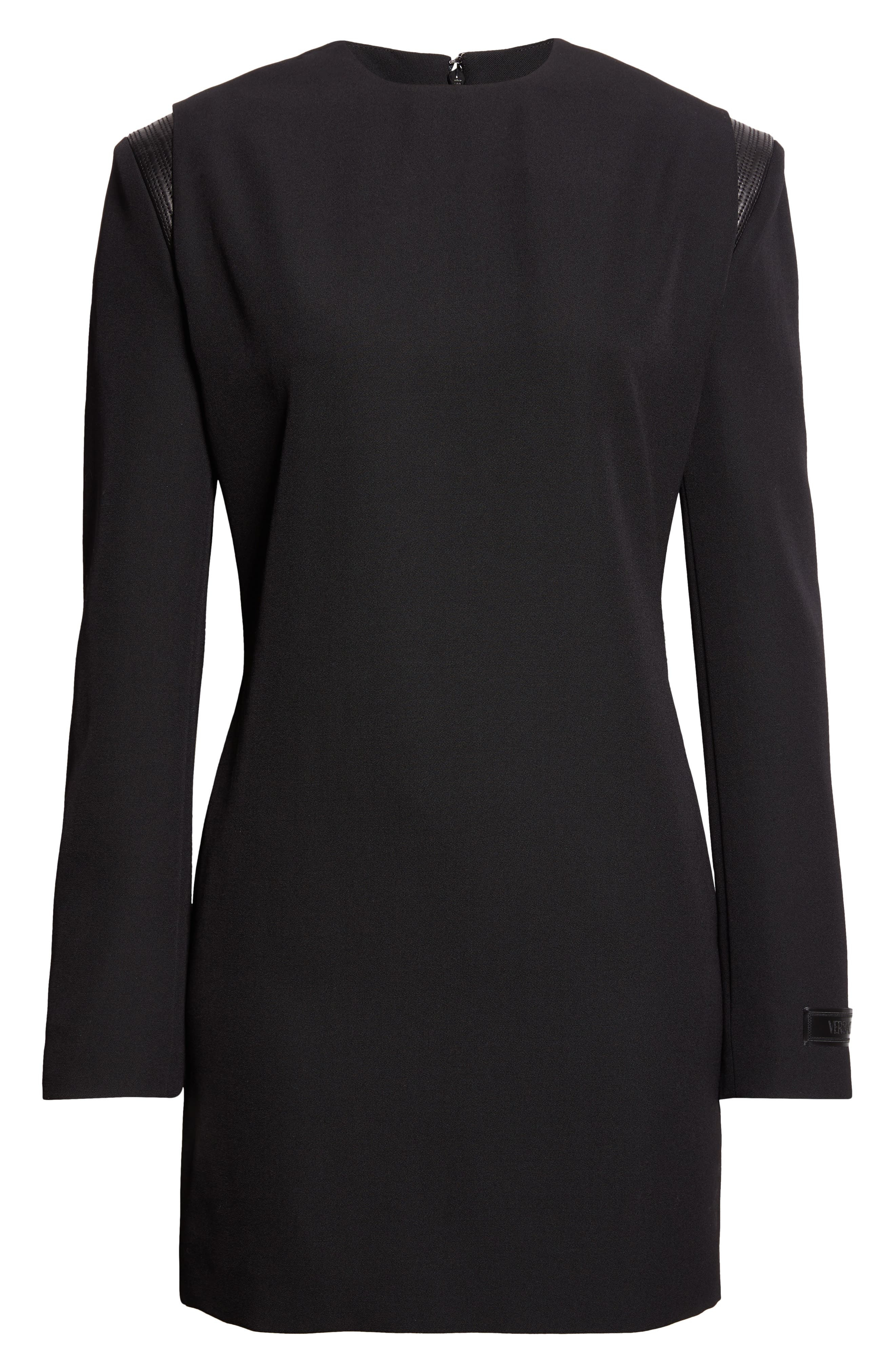Versace Leather Trim Long Sleeve Wool Grain de Poudre Minidress in Black at Nordstrom - 5