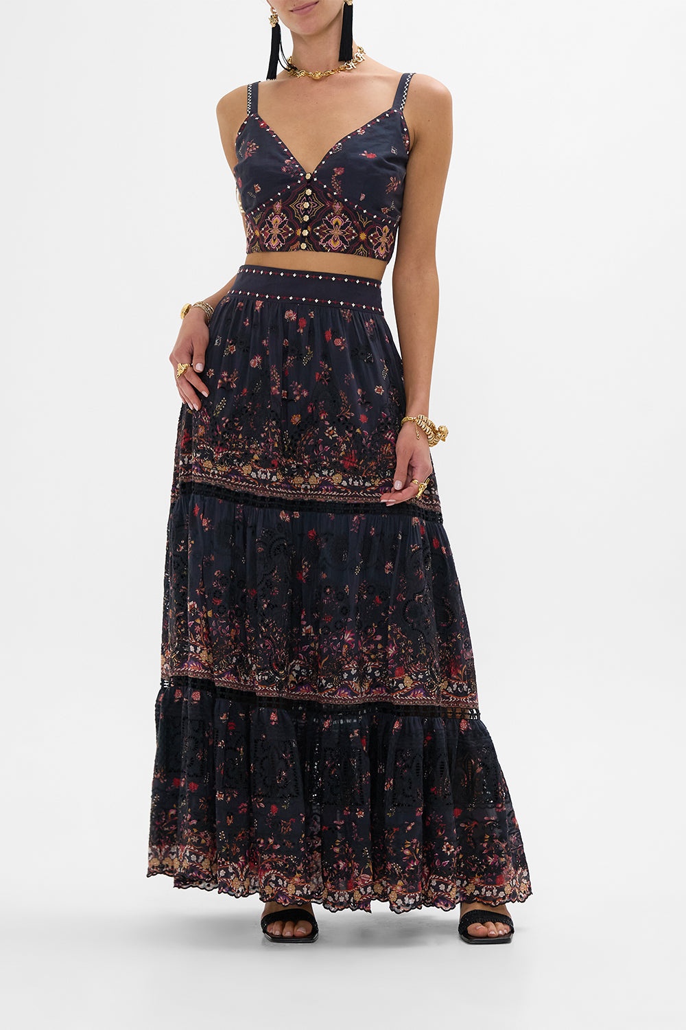 HIGH WAISTED EMBROIDERED TIERED SKIRT - 2