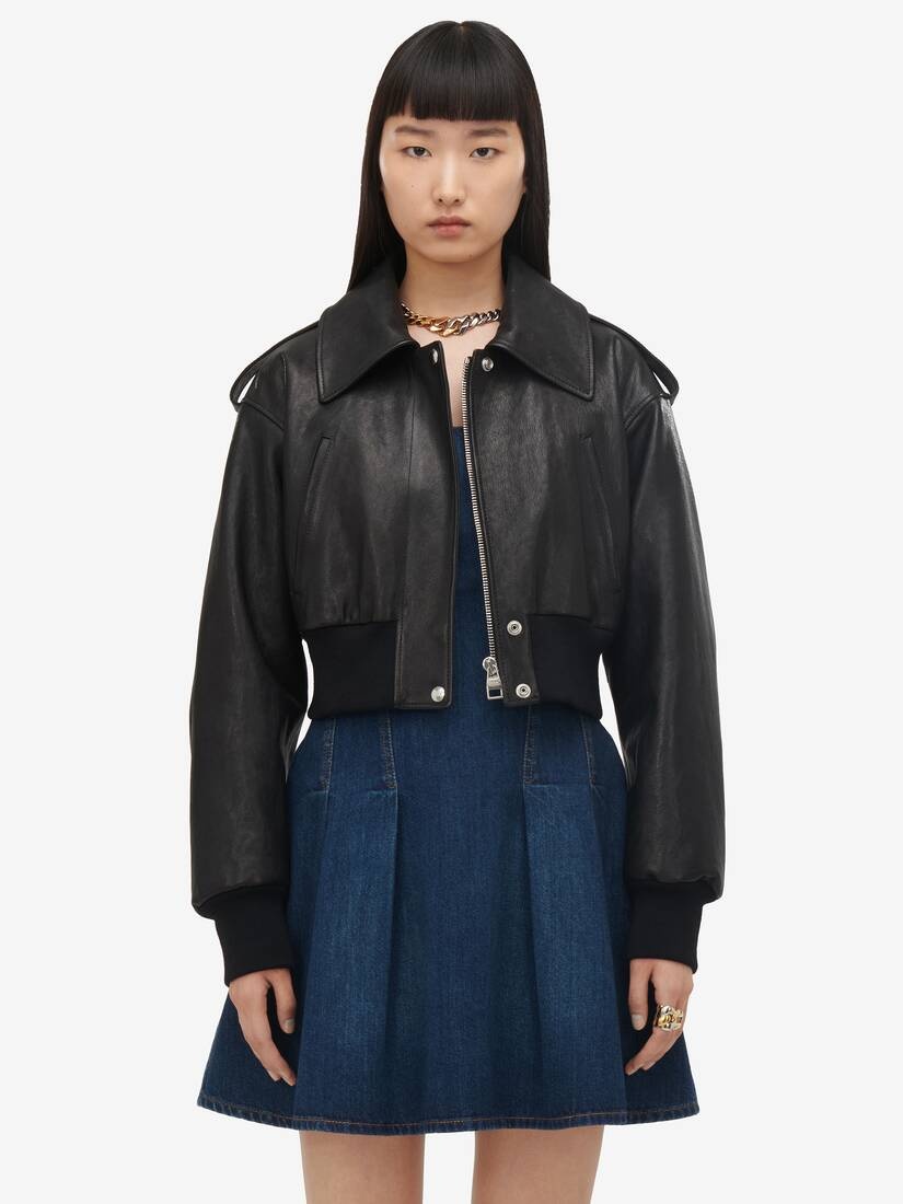 Women's Cropped Aviator Bomber Jacket in Black - 5