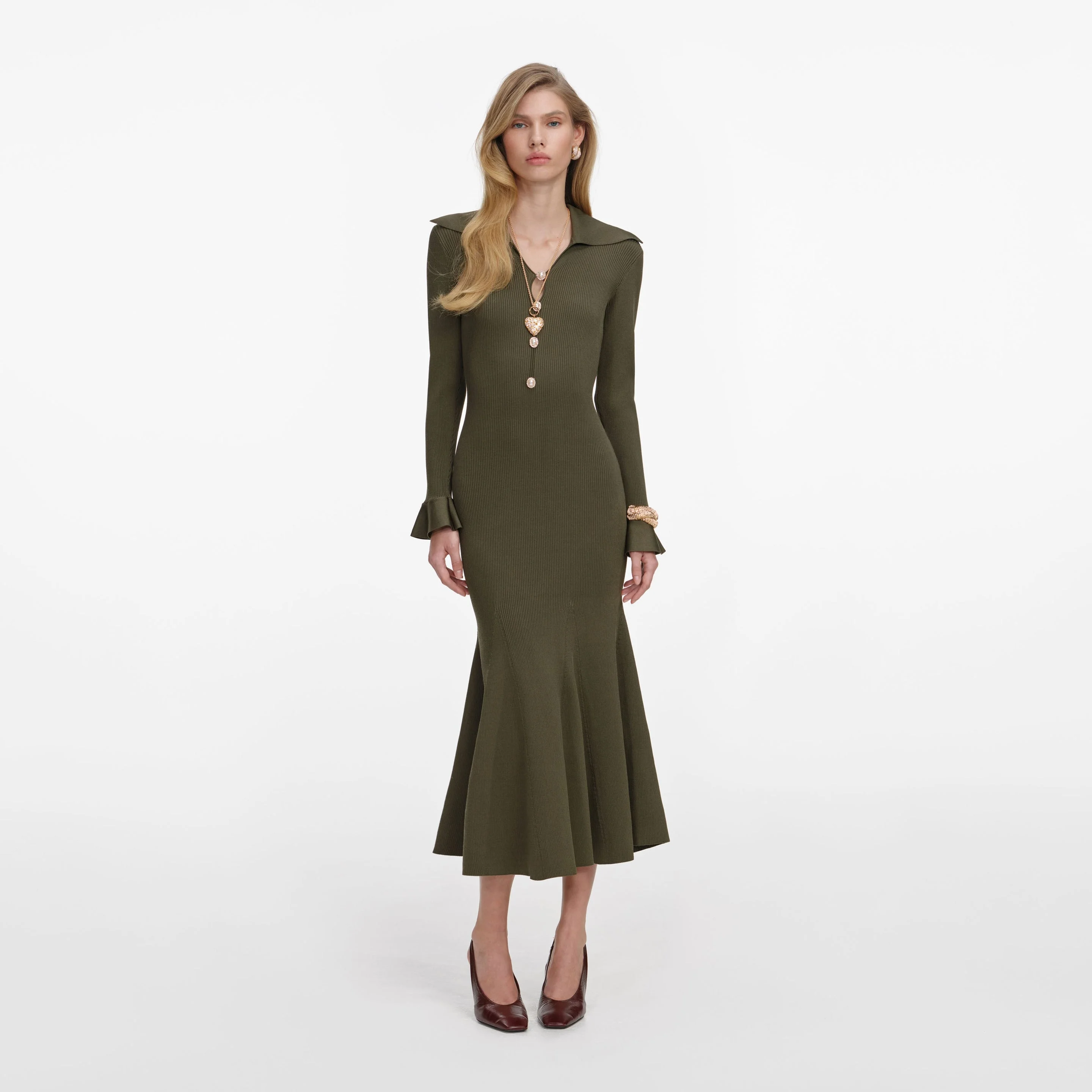 Khaki Pointelle Knit Midi Dress - 1