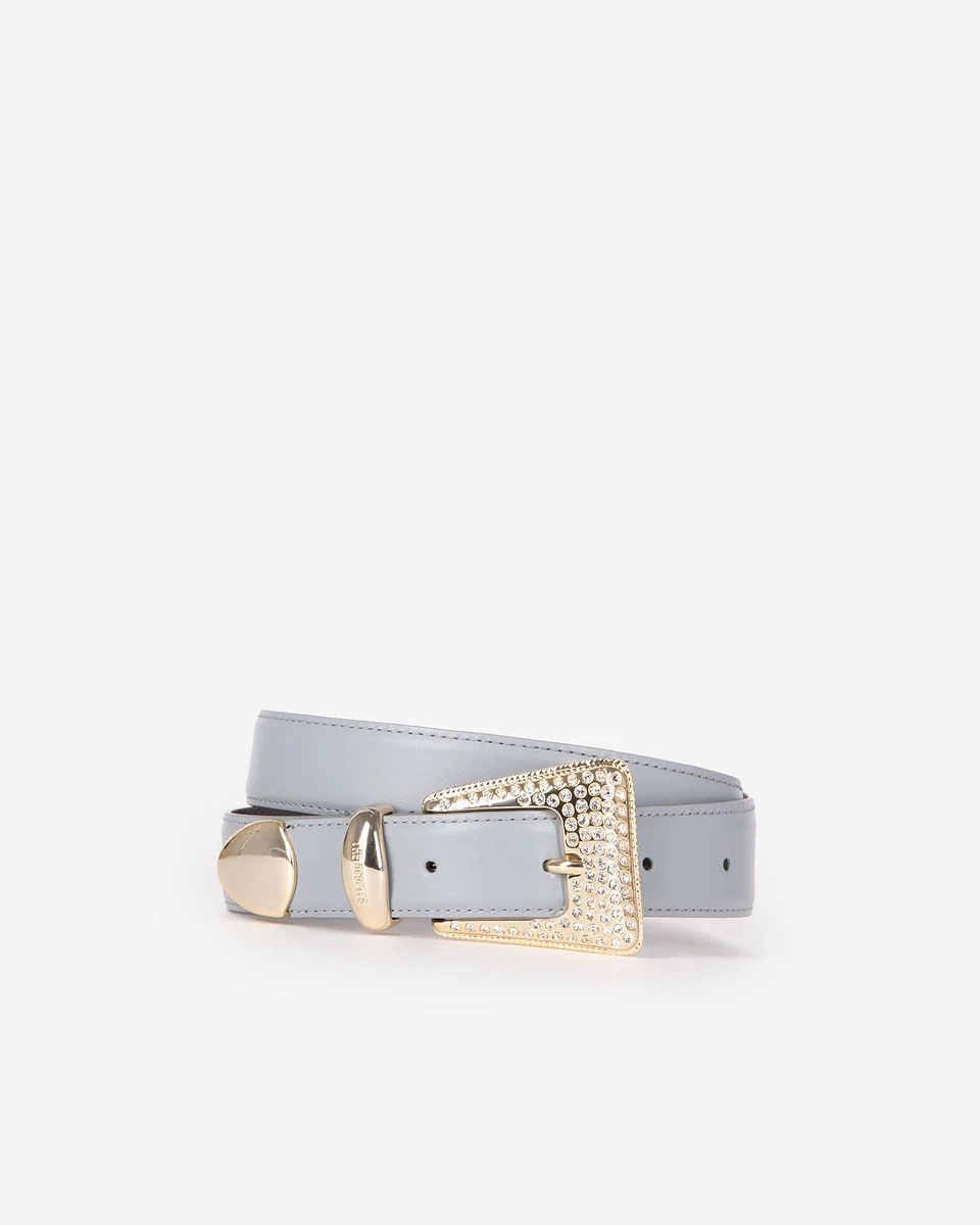 BLUE LEATHER WESTERN BUCKLE BELT IN GOLD WITH RHINESTONES - 1