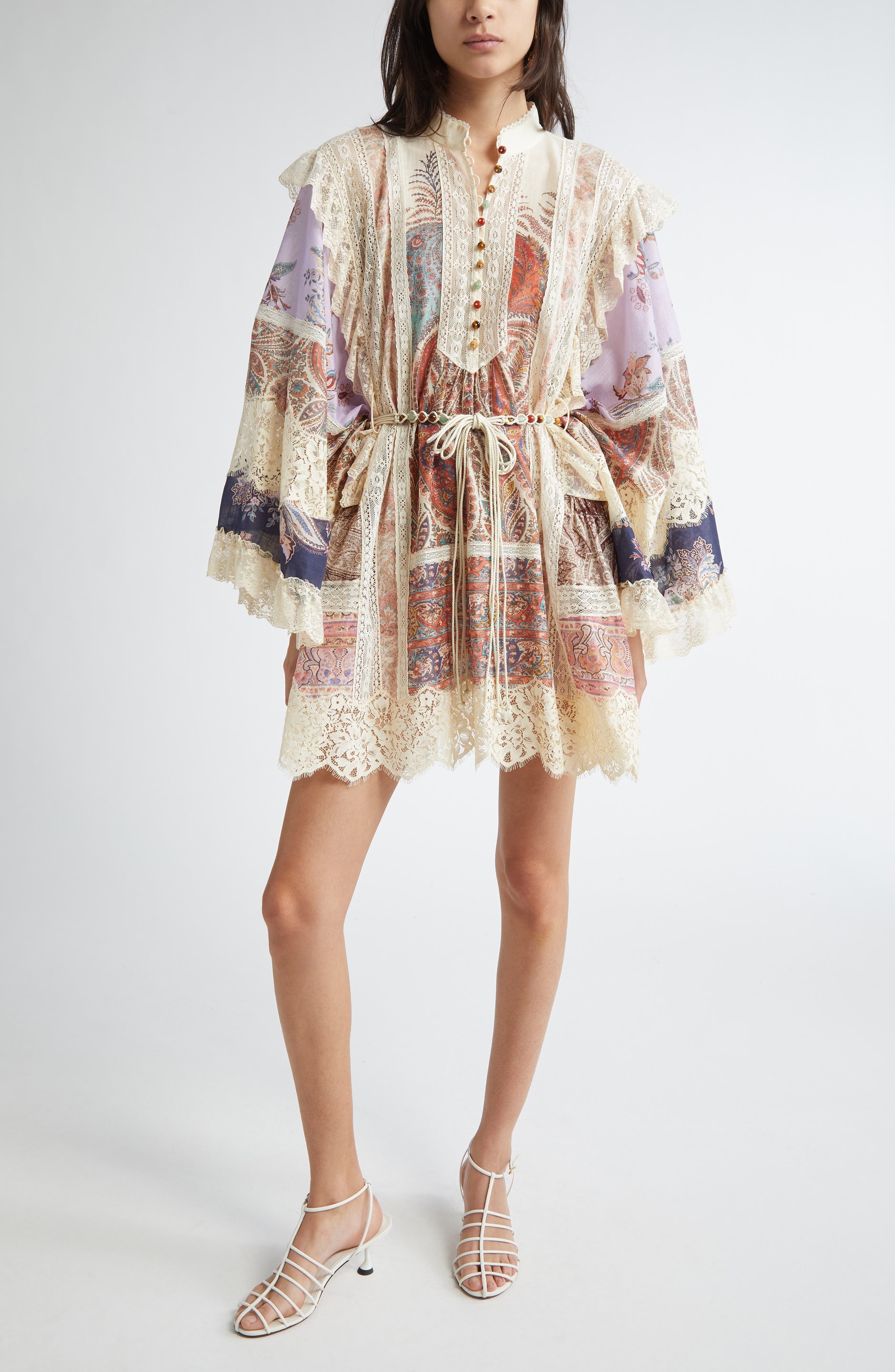 Zimmermann Rhiannon Billow Long Sleeve Lace Trim Minidress in Spliced at Nordstrom - 1