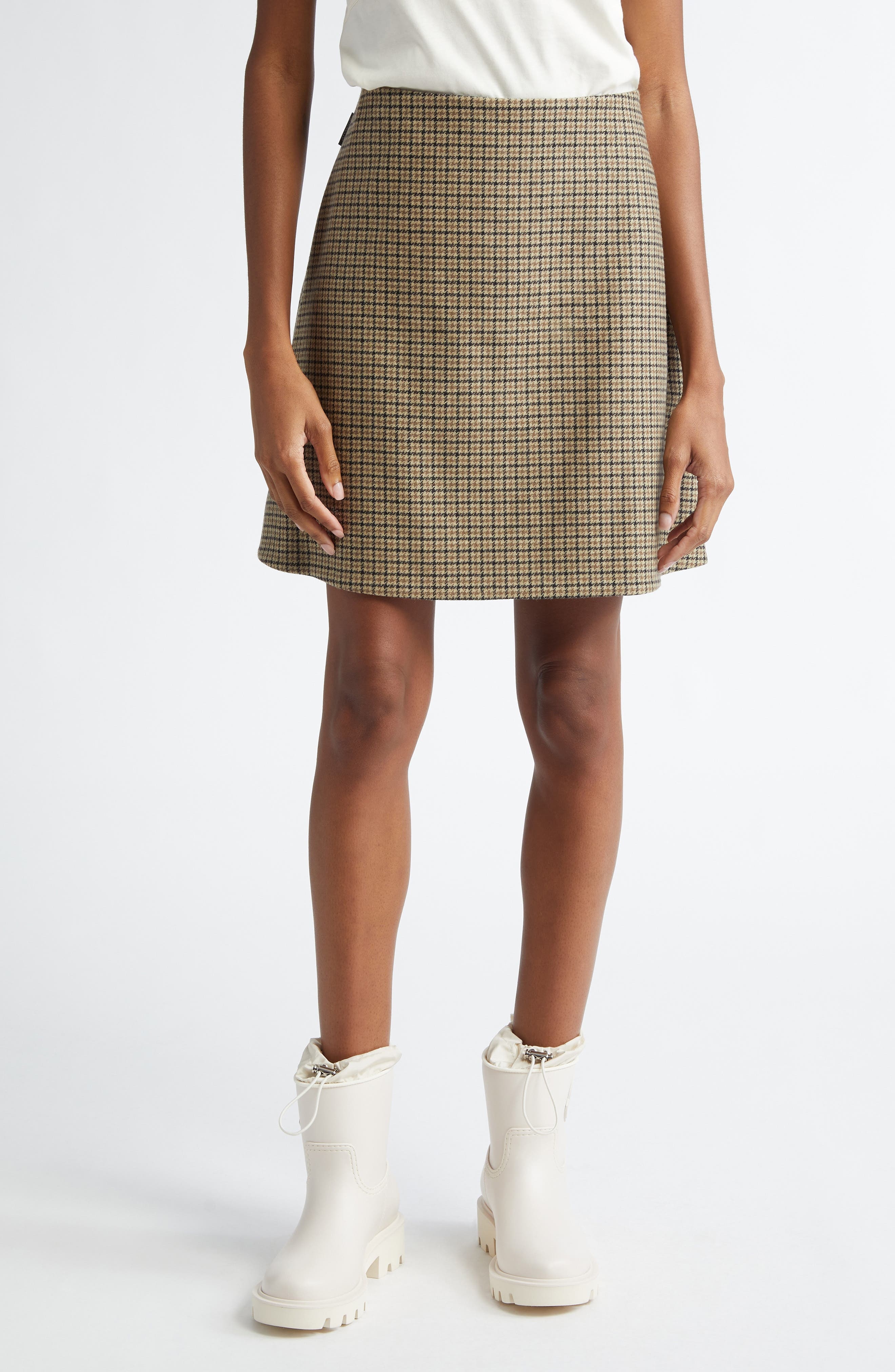 Moncler Houndstooth Plaid Wool Blend Miniskirt in Brown/White at Nordstrom - 1