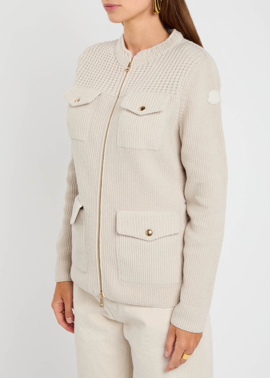 Moncler Logo Ribbed Wool and Shell Cardigan - 2