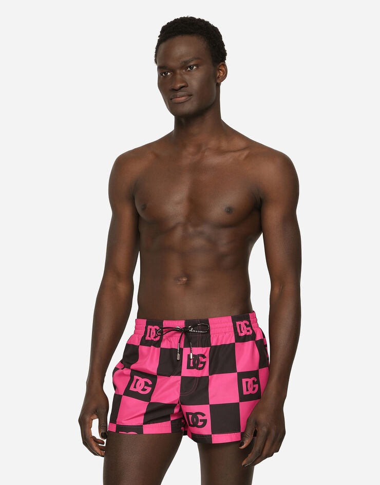 Damier-print short swim trunks with DG logo - 4