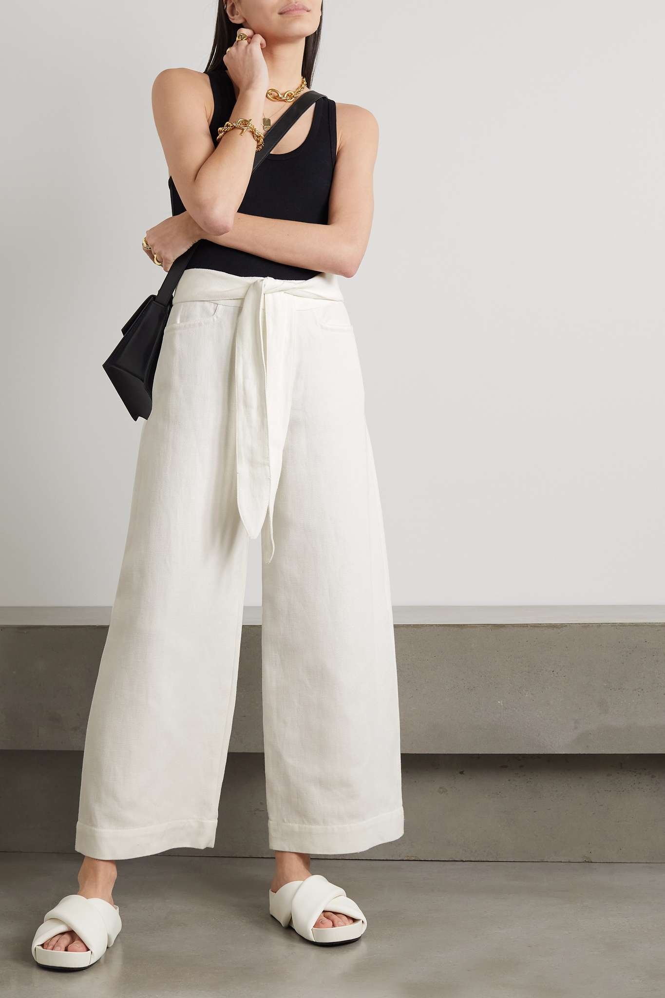 Belted cotton and linen-blend twill wide-leg pants - 2